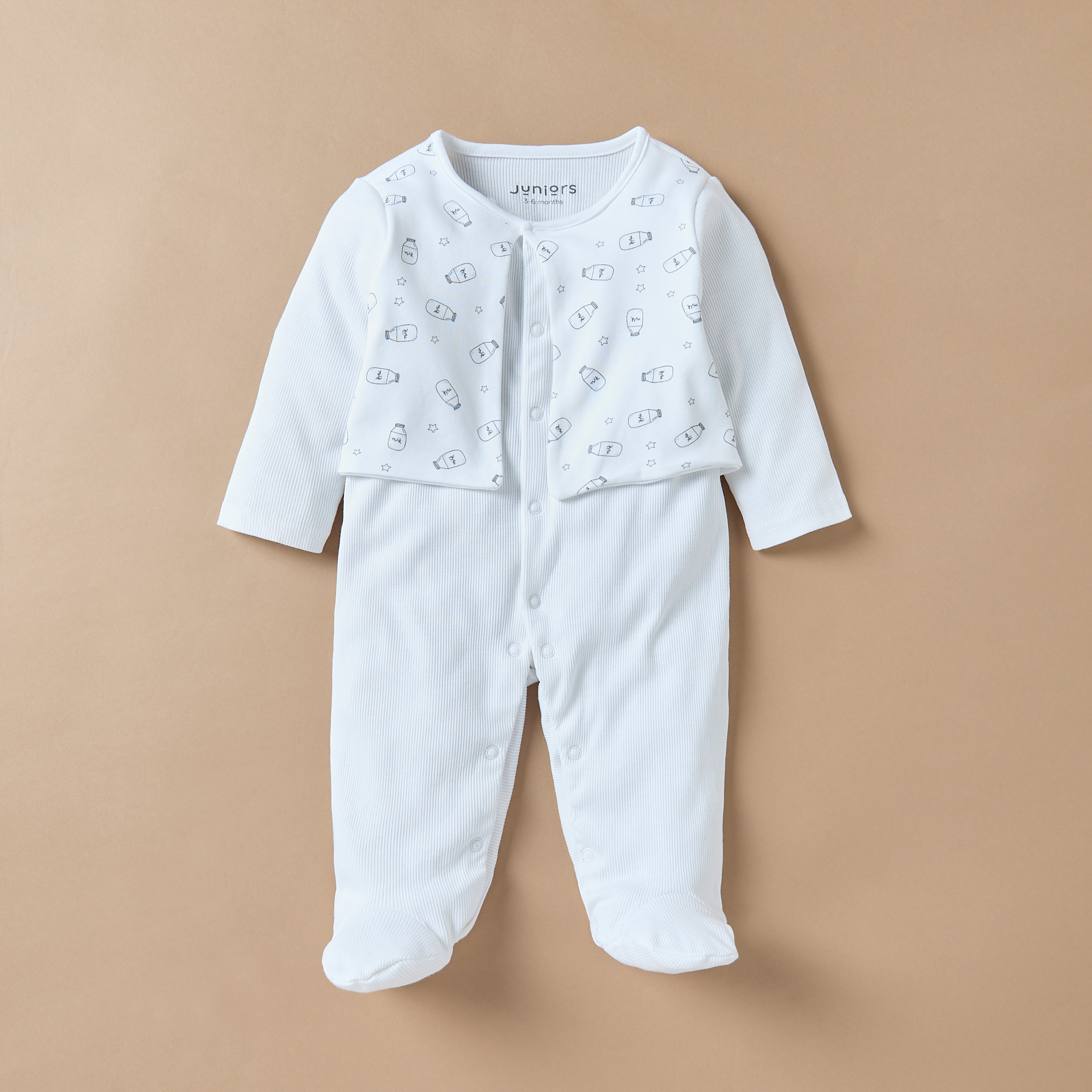 Juniors Milk Bottle Print Closed Feet Sleepsuit with Long Sleeves and Soft Toy-baby-girls-clothing-nightwear-sleepsuits-image-2