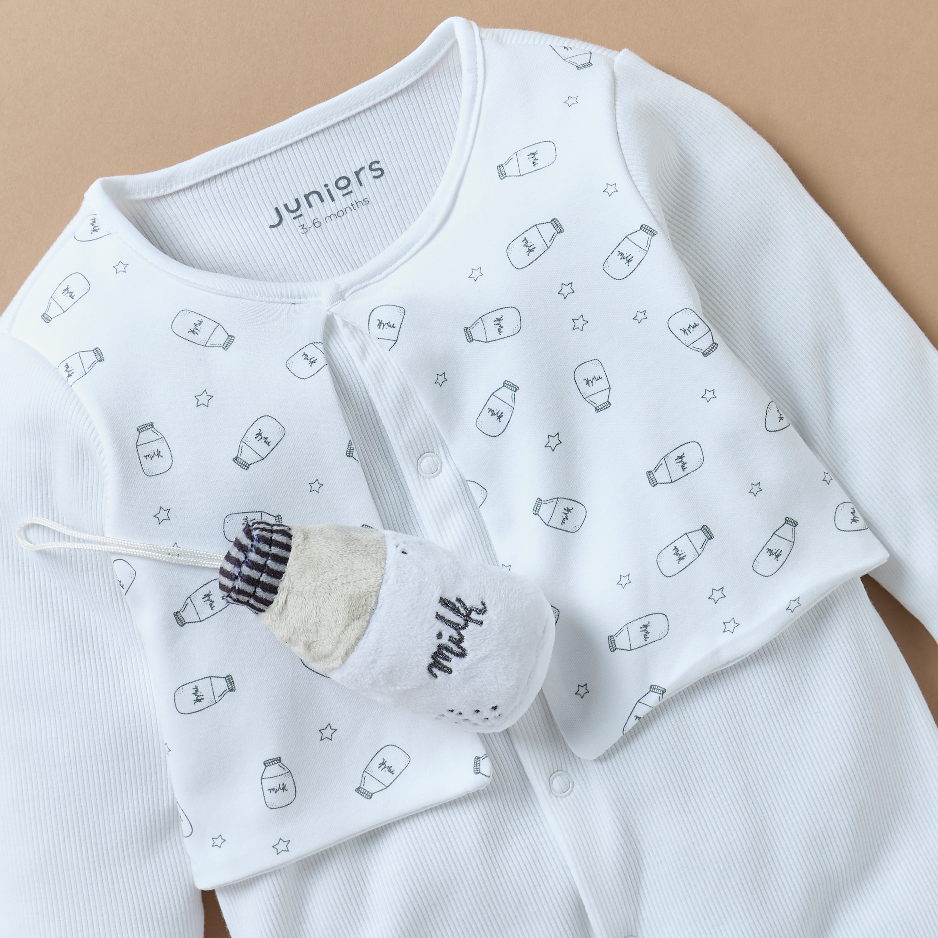 Juniors Milk Bottle Print Closed Feet Sleepsuit with Long Sleeves and Soft Toy-baby-girls-clothing-nightwear-sleepsuits-image-4