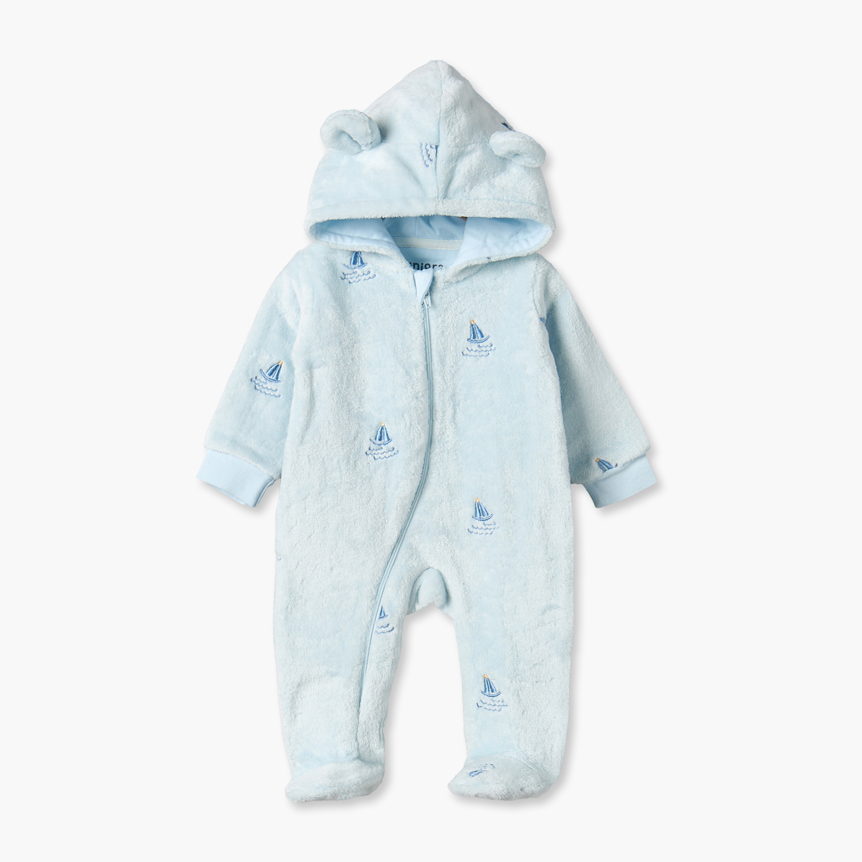 Juniors Cotton Hooded Long Sleeves Sleepsuit with Boat Embroidery-baby-boys-clothing-nightwear-sleepsuits-image-1