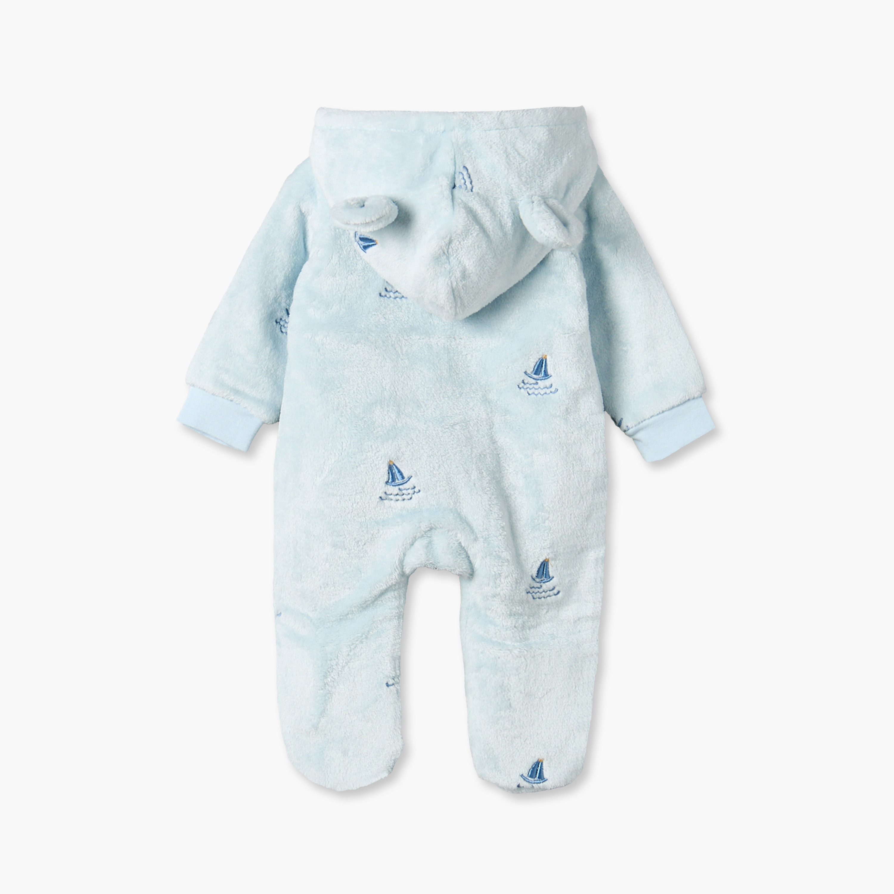Juniors Cotton Hooded Long Sleeves Sleepsuit with Boat Embroidery-baby-boys-clothing-nightwear-sleepsuits-image-2