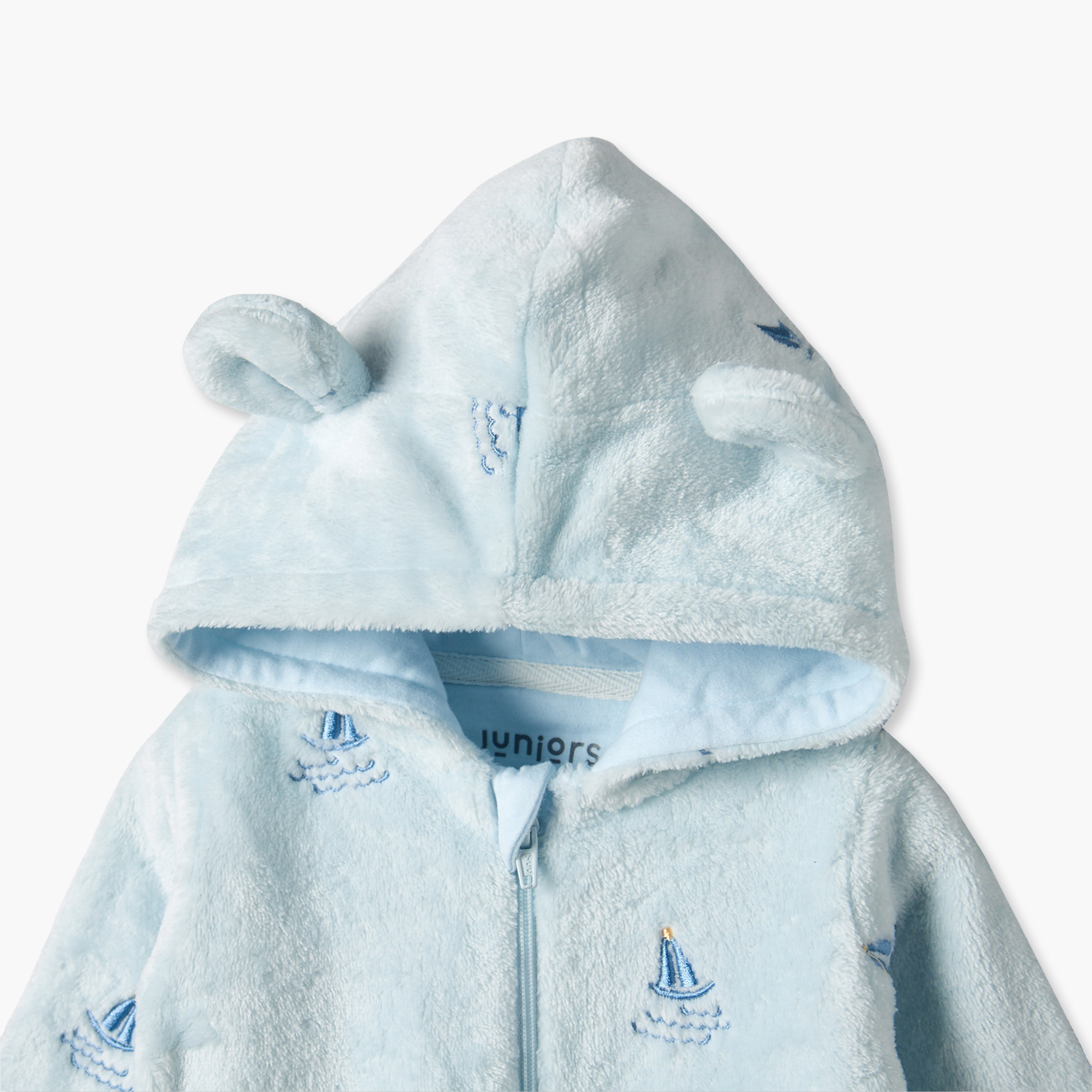 Juniors Cotton Hooded Long Sleeves Sleepsuit with Boat Embroidery-baby-boys-clothing-nightwear-sleepsuits-image-3