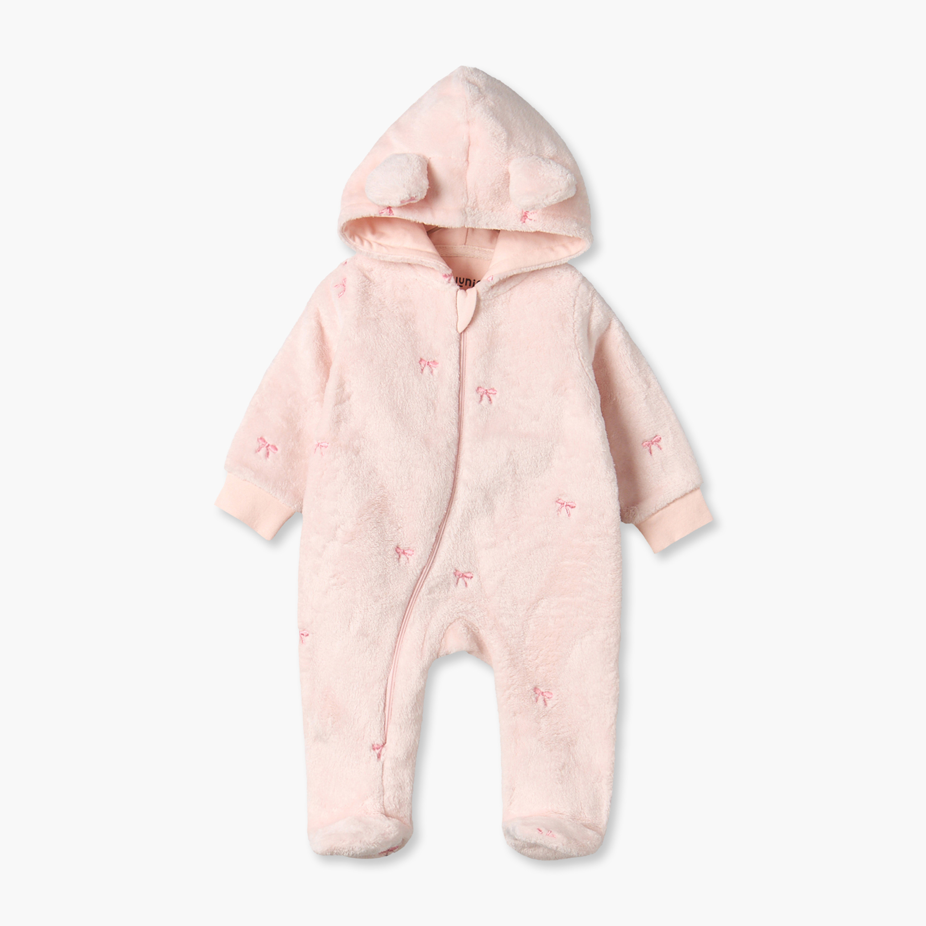 Juniors Cotton Hooded Long Sleeves Sleepsuit with Bow Embroidered-baby-girls-clothing-nightwear-sleepsuits-image-1