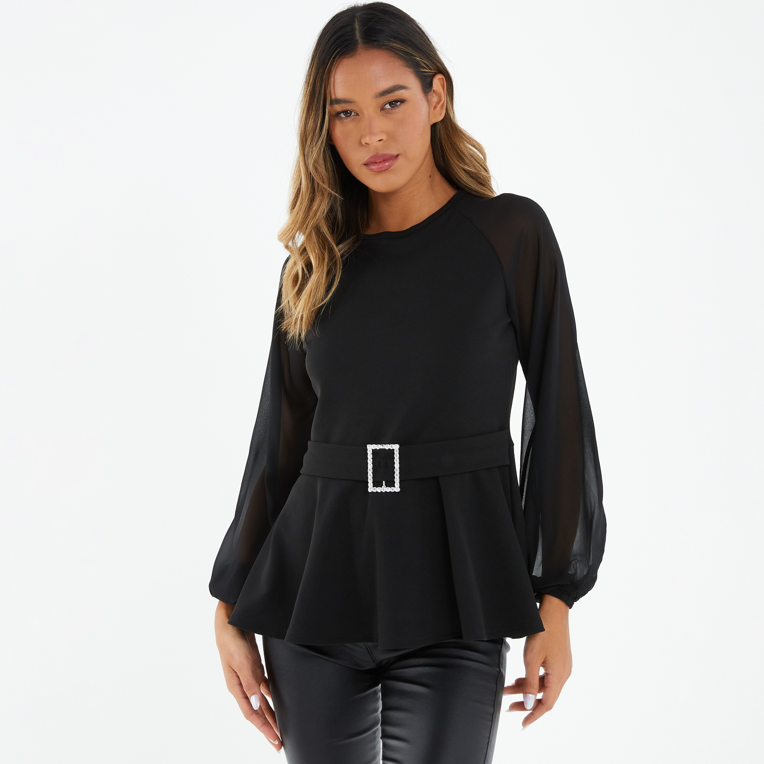 توب بيبليوم بأكمام طويلة ورقبة مستديرة سادة من كويز-women-clothing-shirtsandblouses-blouses-image-1