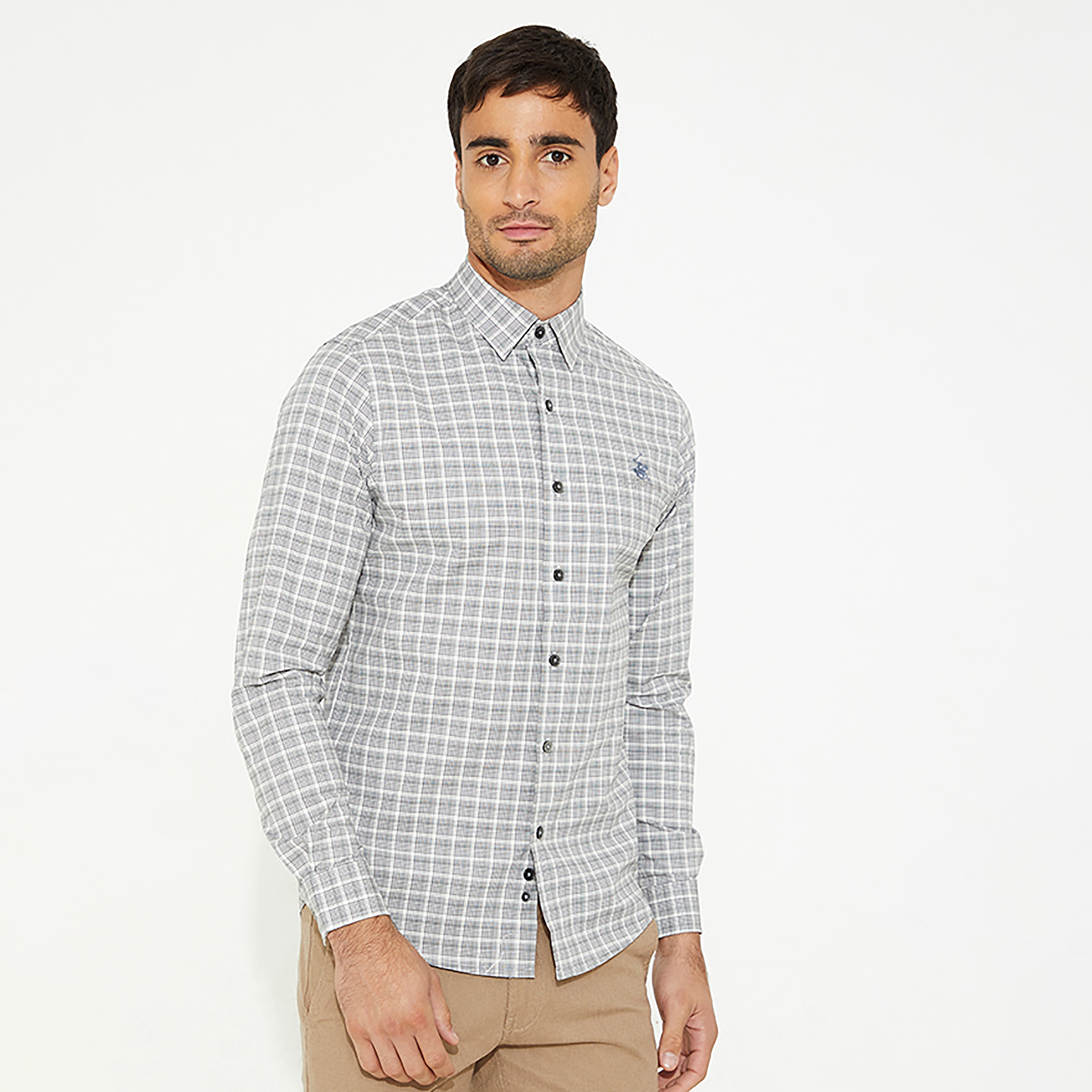 قميص كاجوال بأكمام كاملة عادية ذات مربعات بلون رمادي من بيفرلي هيلز بولو كلوب-men-clothing-shirts-image-1