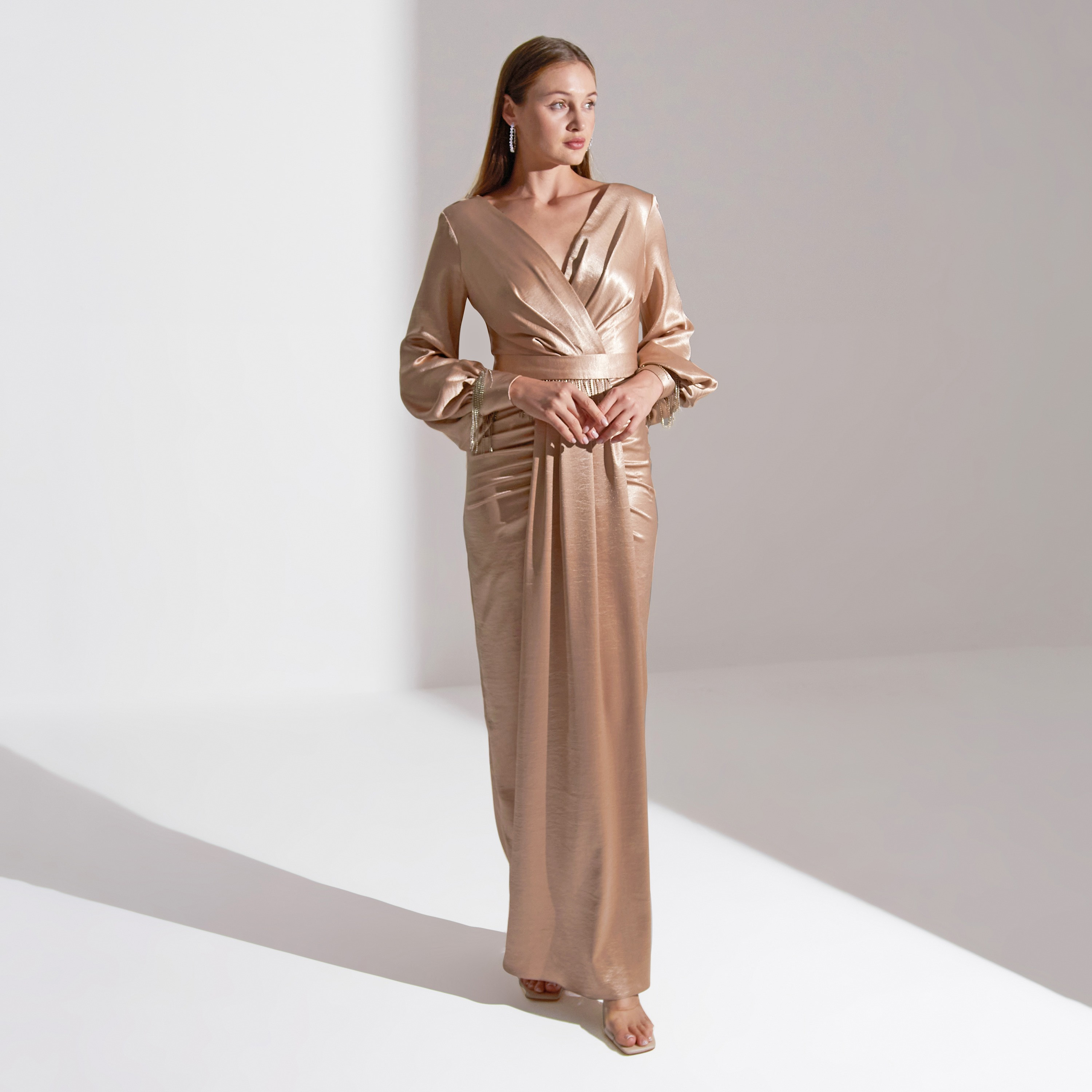 Akadia Cross Bust Fringe Detailed Crepe Evening Women's Maxi Dress-women-clothing-dresses-image-6