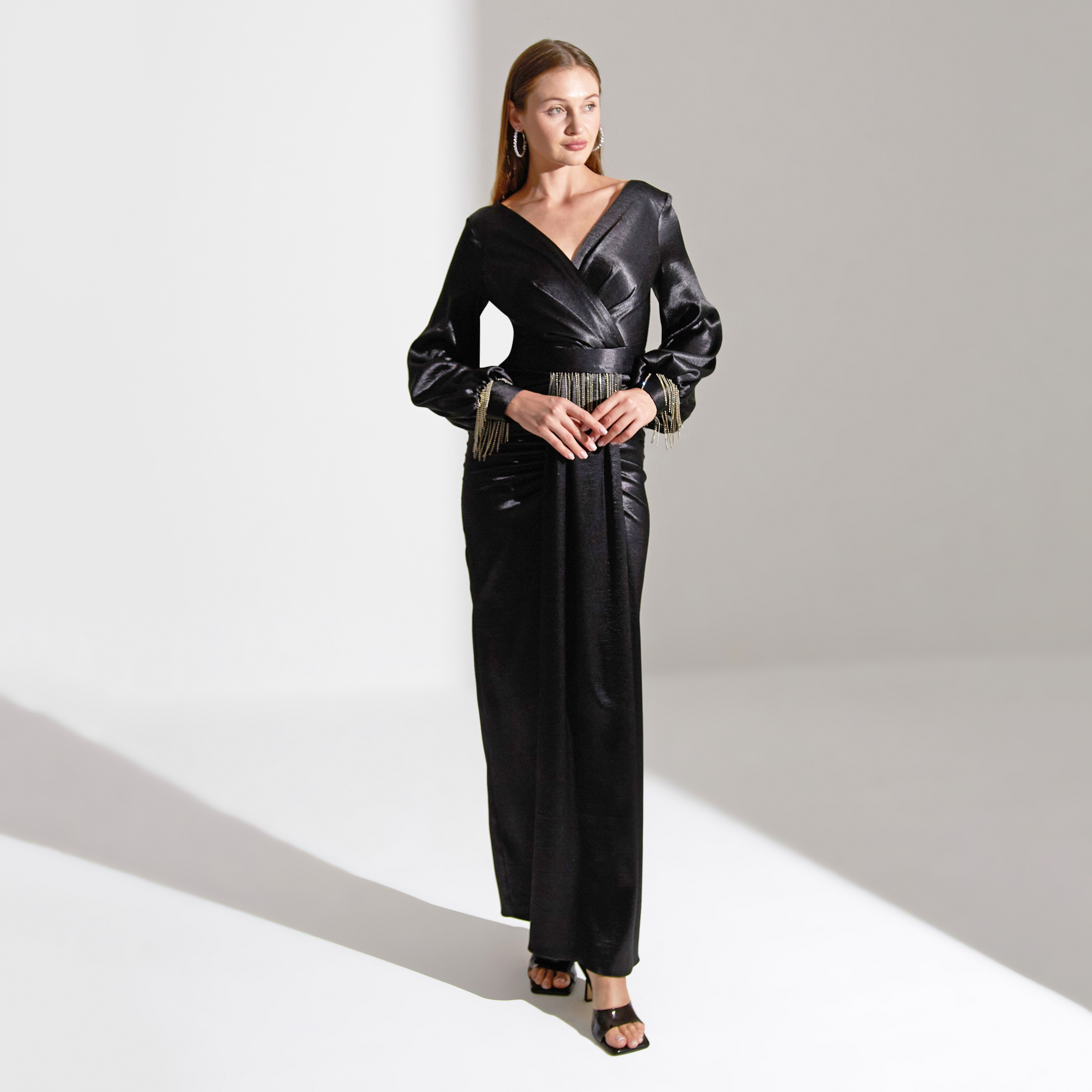 Akadia Cross Bust Fringe Detailed Crepe Evening Women's Maxi Dress-women-clothing-dresses-image-15