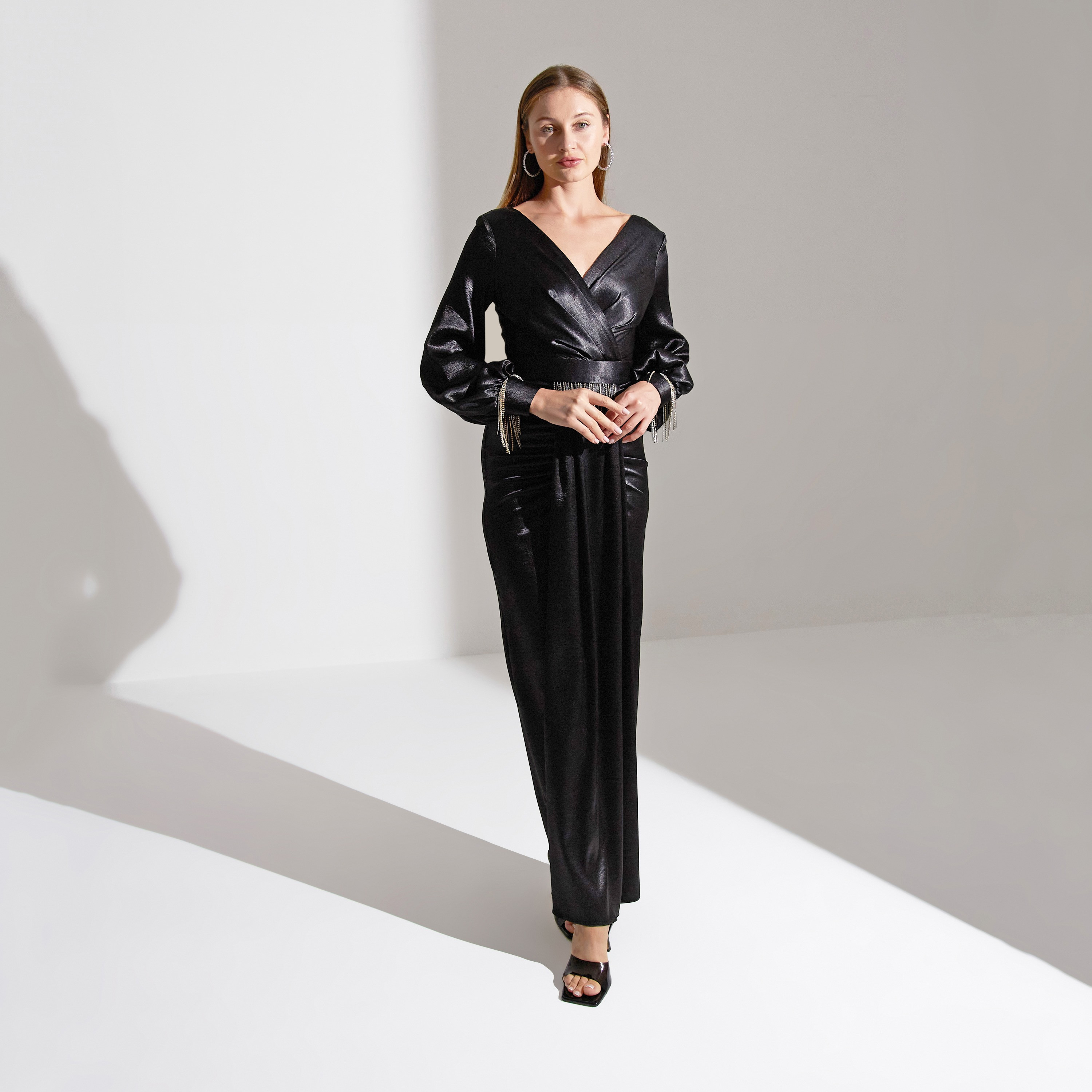 Akadia Cross Bust Fringe Detailed Crepe Evening Women's Maxi Dress-women-clothing-dresses-image-16
