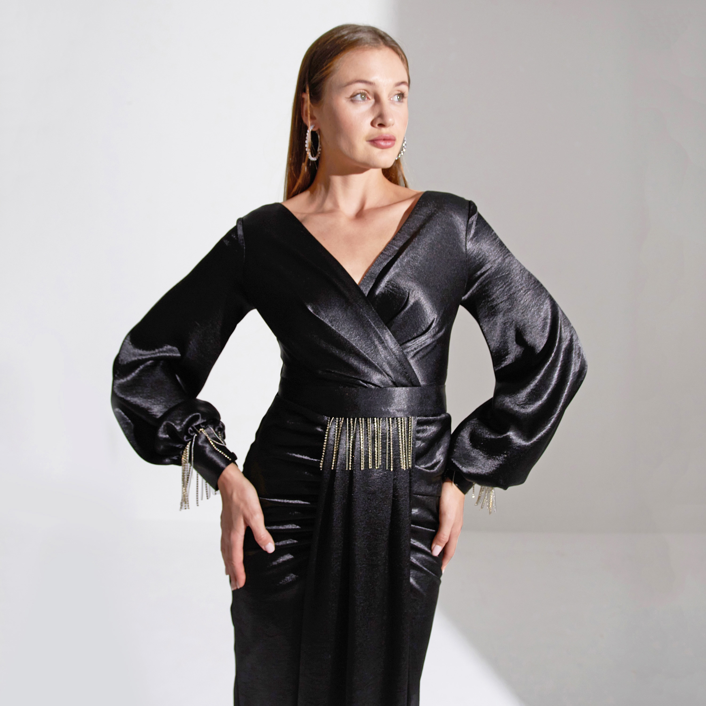 Akadia Cross Bust Fringe Detailed Crepe Evening Women's Maxi Dress-women-clothing-dresses-image-18