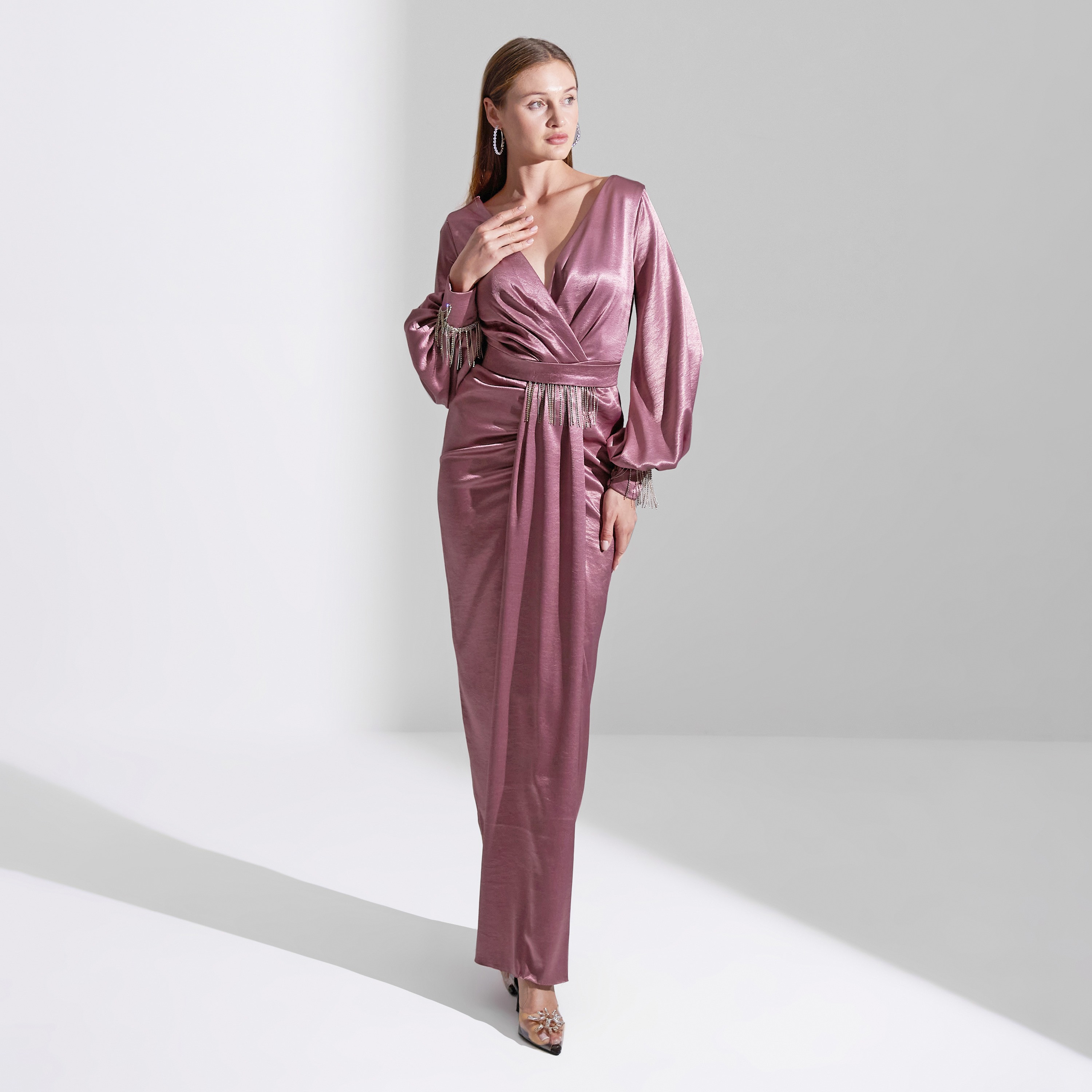 Akadia Cross Bust Fringe Detailed Crepe Evening Women's Maxi Dress-women-clothing-dresses-image-1