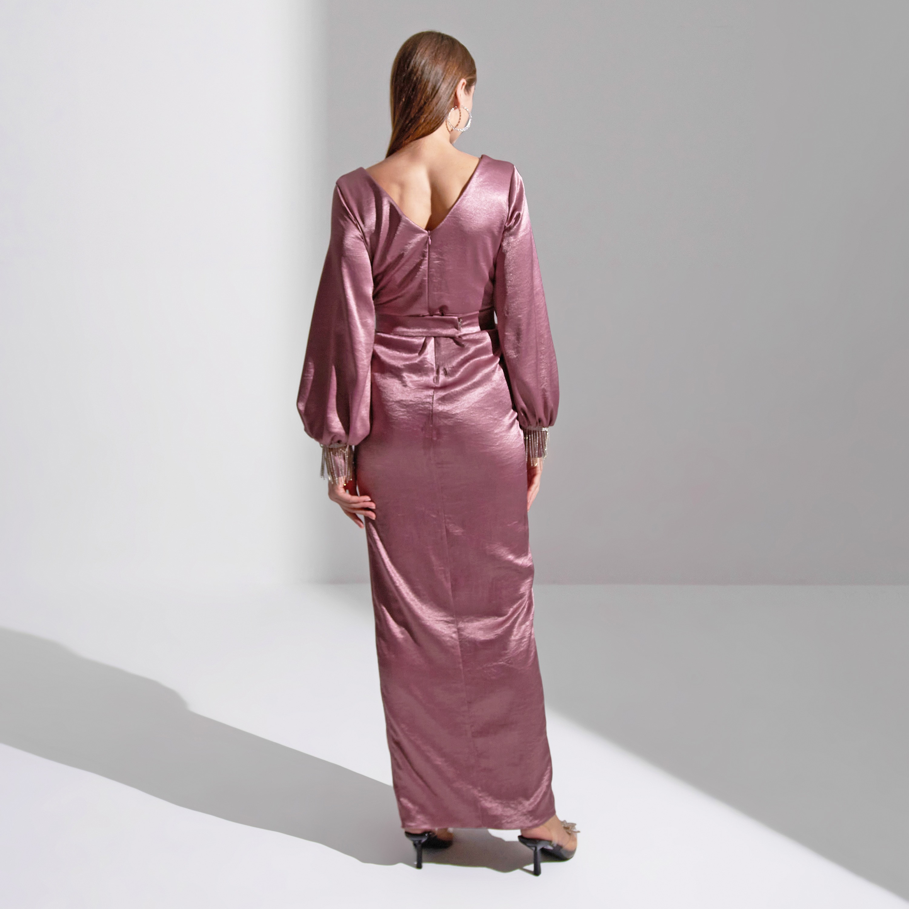 Akadia Cross Bust Fringe Detailed Crepe Evening Women's Maxi Dress-women-clothing-dresses-image-2