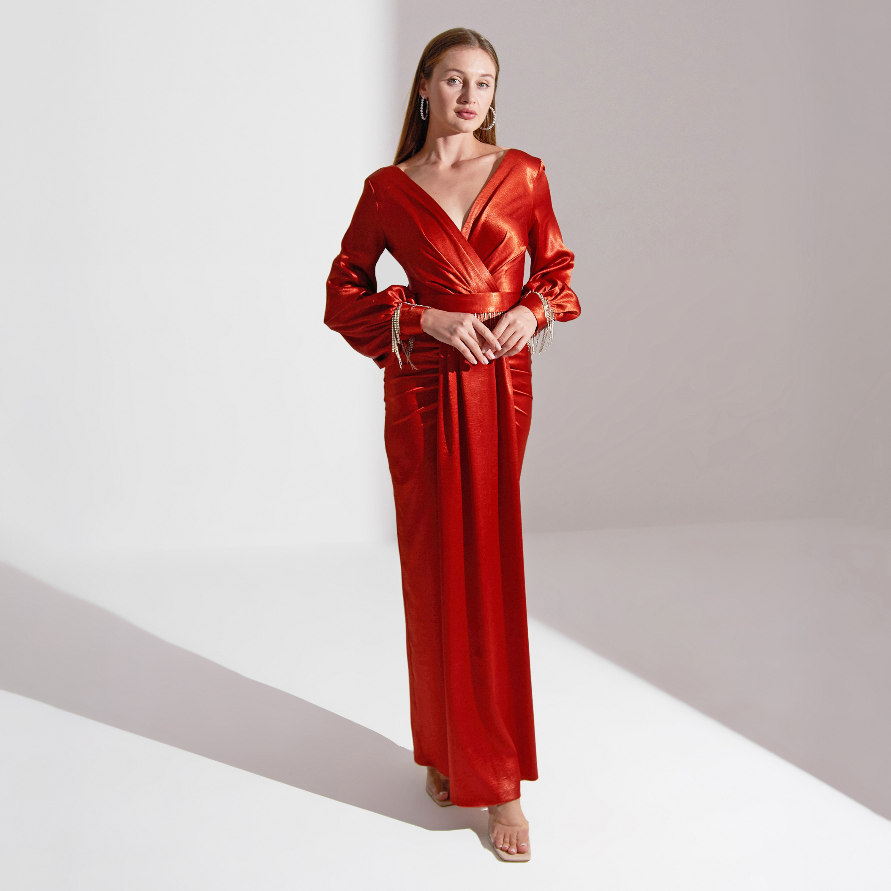 Akadia Cross Bust Fringe Detailed Crepe Evening Women's Maxi Dress-women-clothing-dresses-image-1