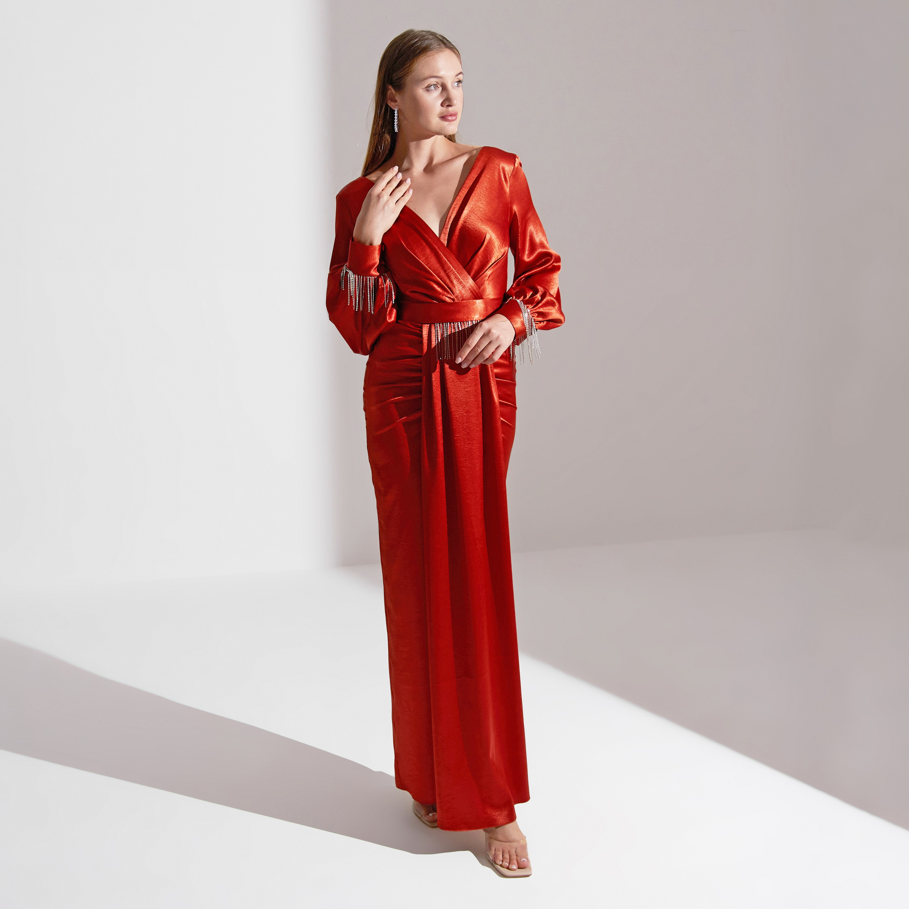 Akadia Cross Bust Fringe Detailed Crepe Evening Women's Maxi Dress-women-clothing-dresses-image-2