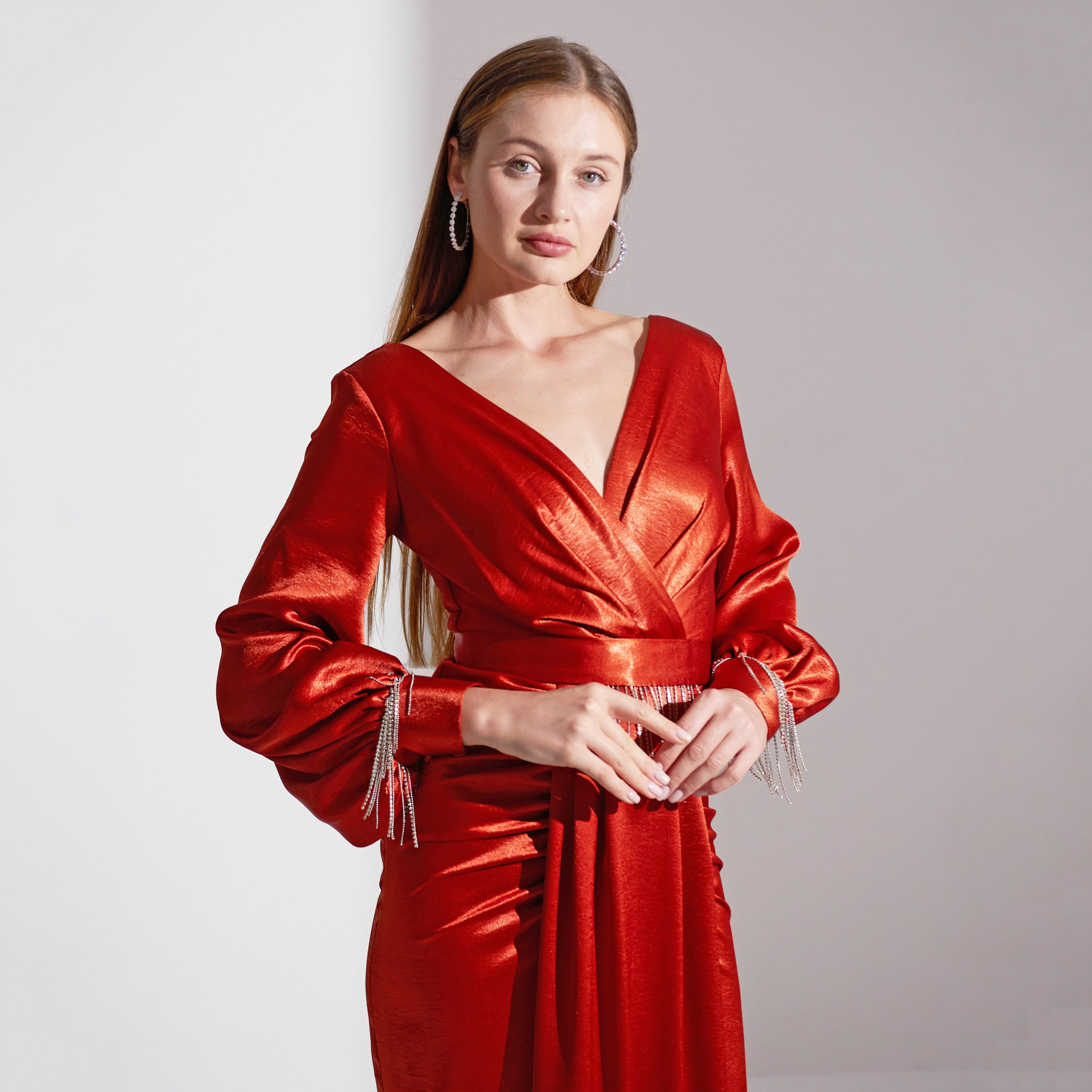 Akadia Cross Bust Fringe Detailed Crepe Evening Women's Maxi Dress-women-clothing-dresses-image-4