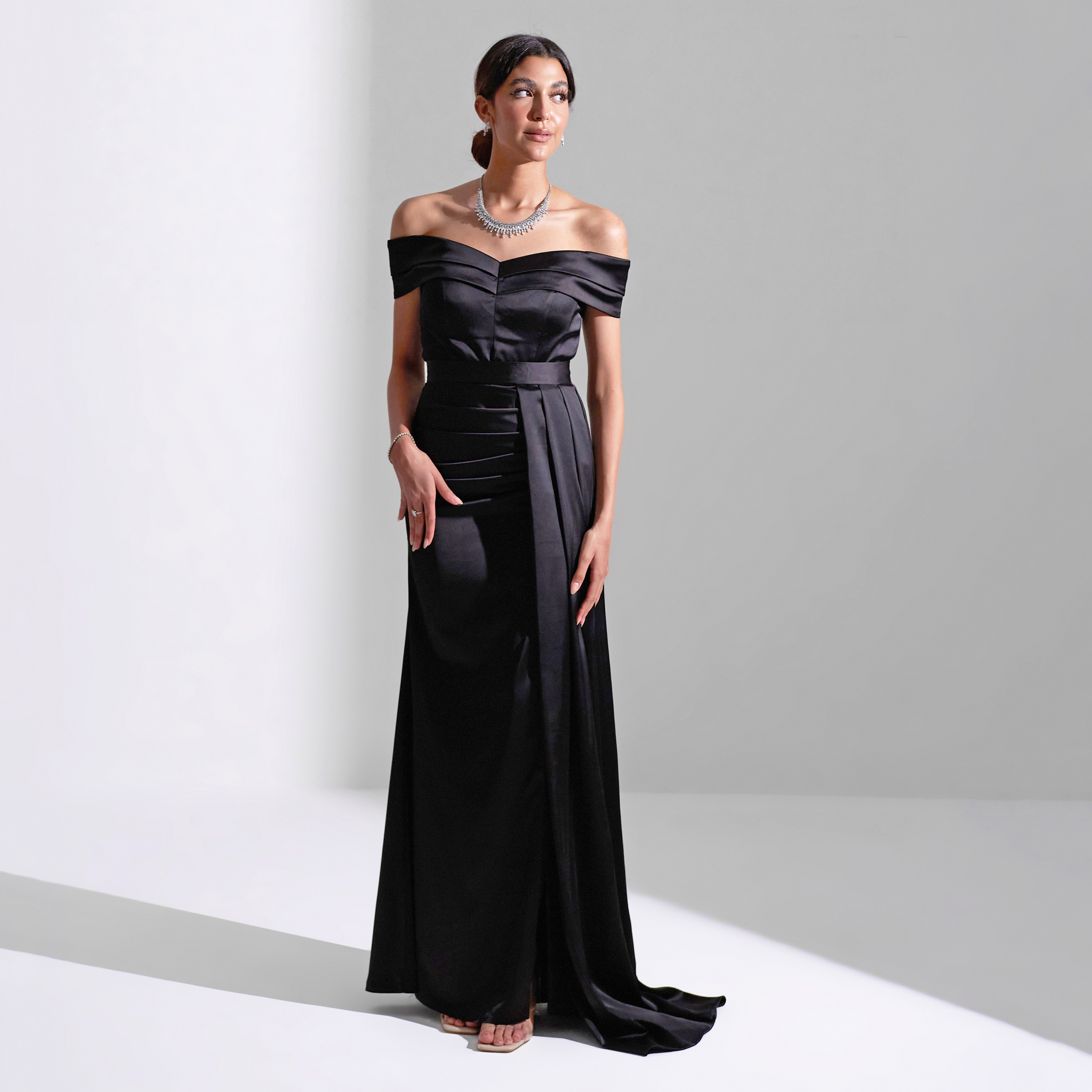 Akadia Off Shoulder Draped Detachable Skirt Satin Evening Women's Maxi Dress-women-clothing-dresses-image-1