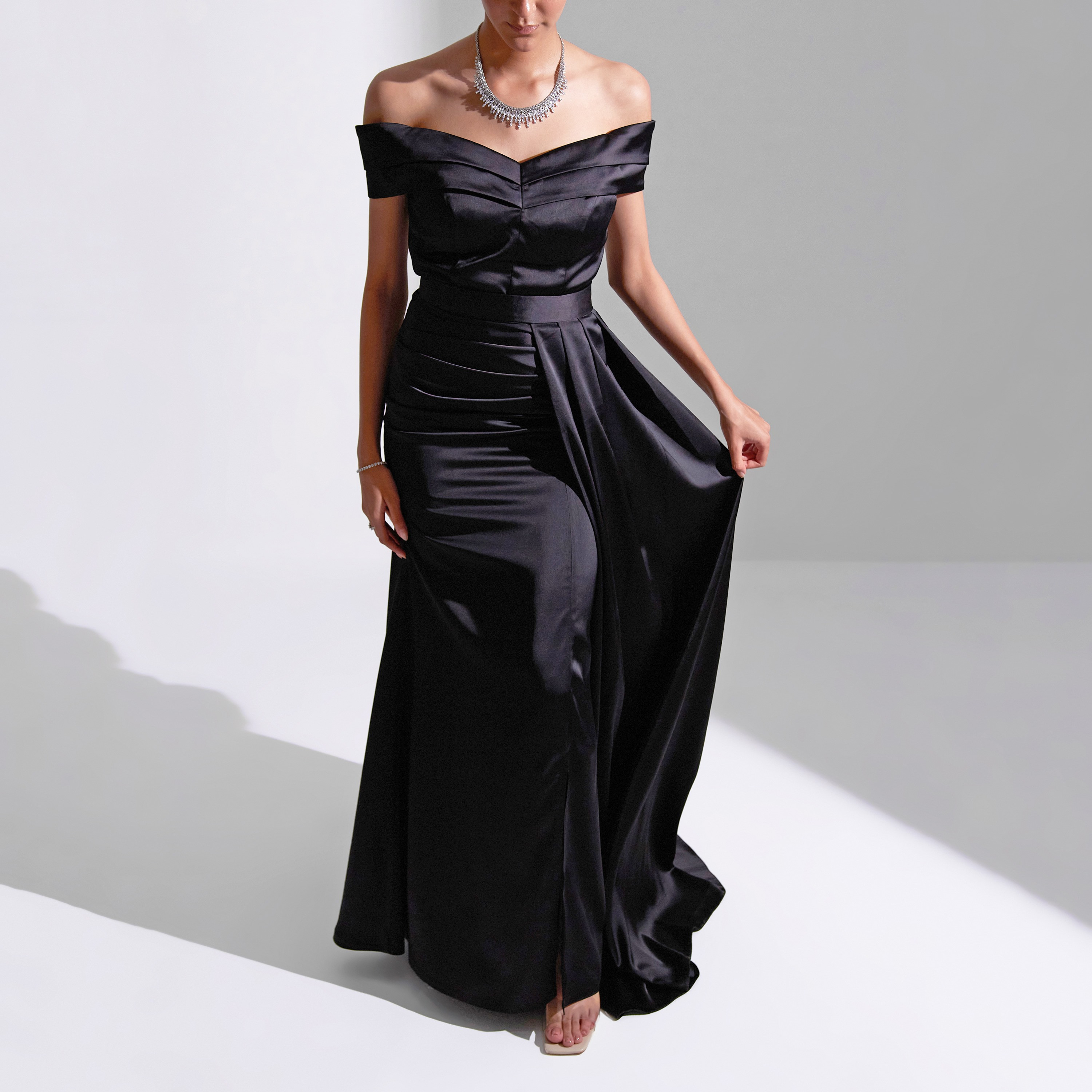 Akadia Off Shoulder Draped Detachable Skirt Satin Evening Women's Maxi Dress-women-clothing-dresses-image-3