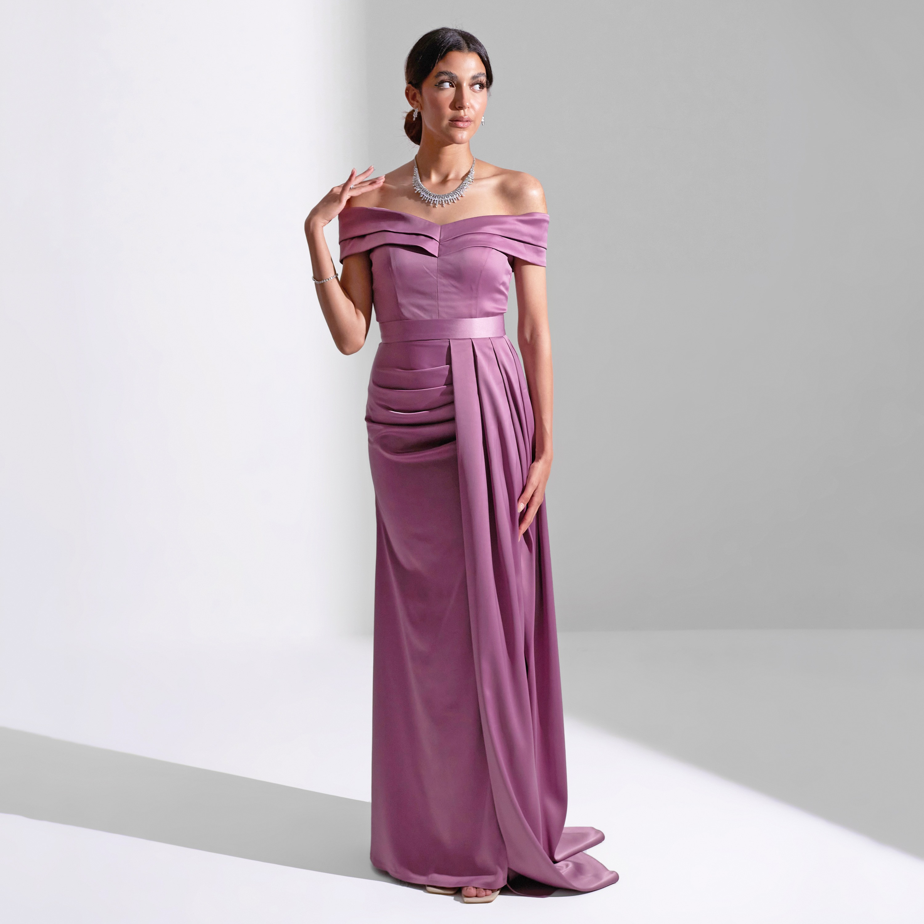 Akadia Off Shoulder Draped Detachable Skirt Satin Evening Women's Maxi Dress-women-clothing-dresses-image-13