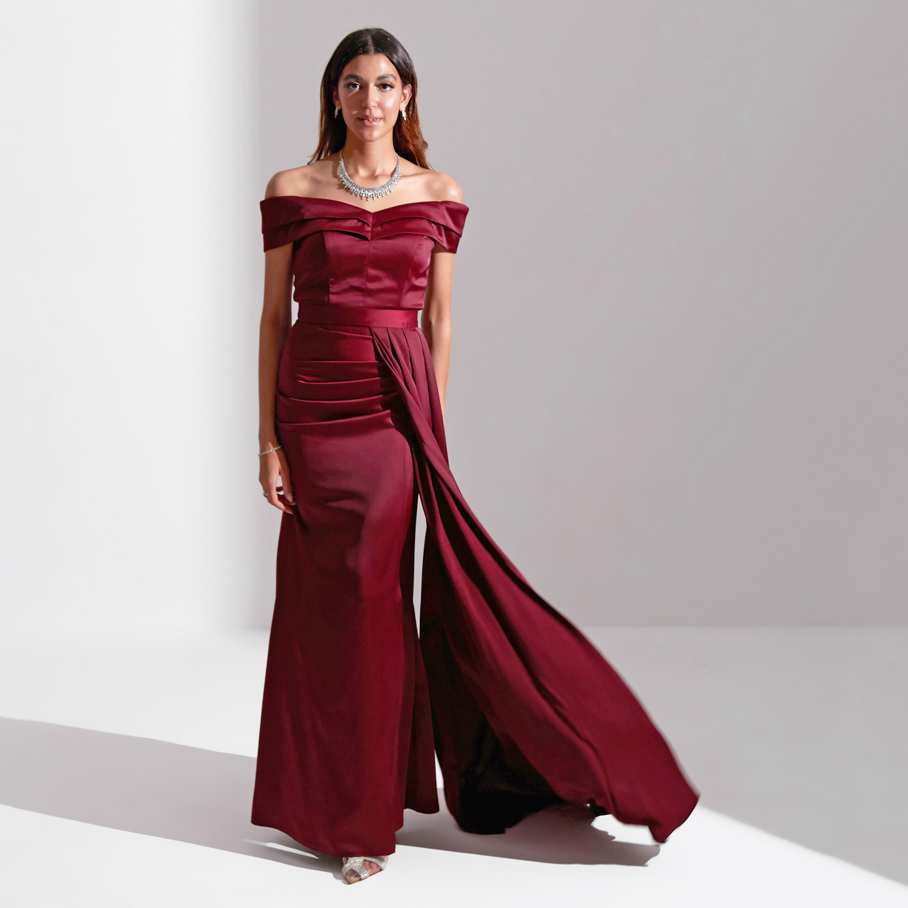 Akadia Off Shoulder Draped Detachable Skirt Satin Evening Women's Maxi Dress-women-clothing-dresses-image-1
