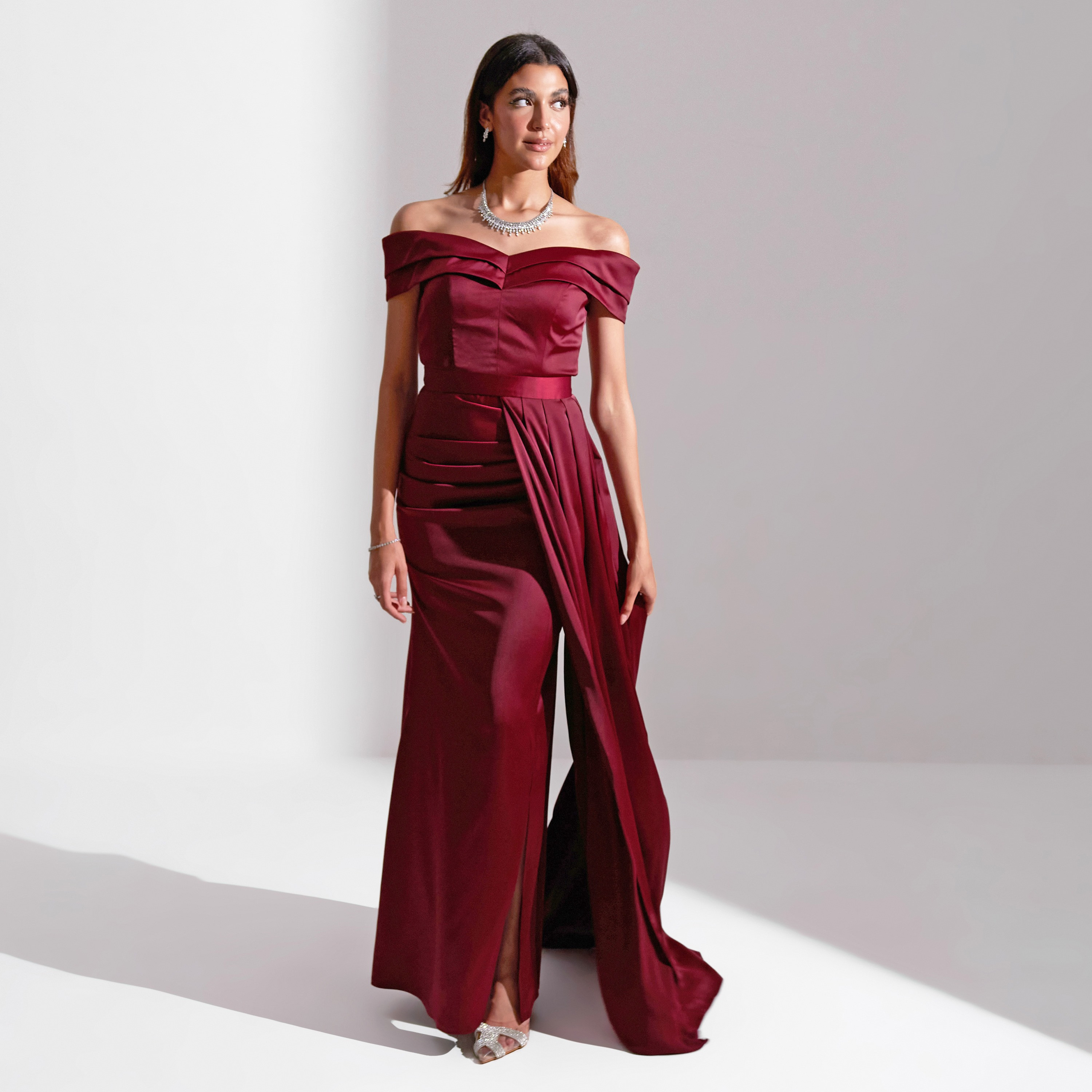 Akadia Off Shoulder Draped Detachable Skirt Satin Evening Women's Maxi Dress-women-clothing-dresses-image-2