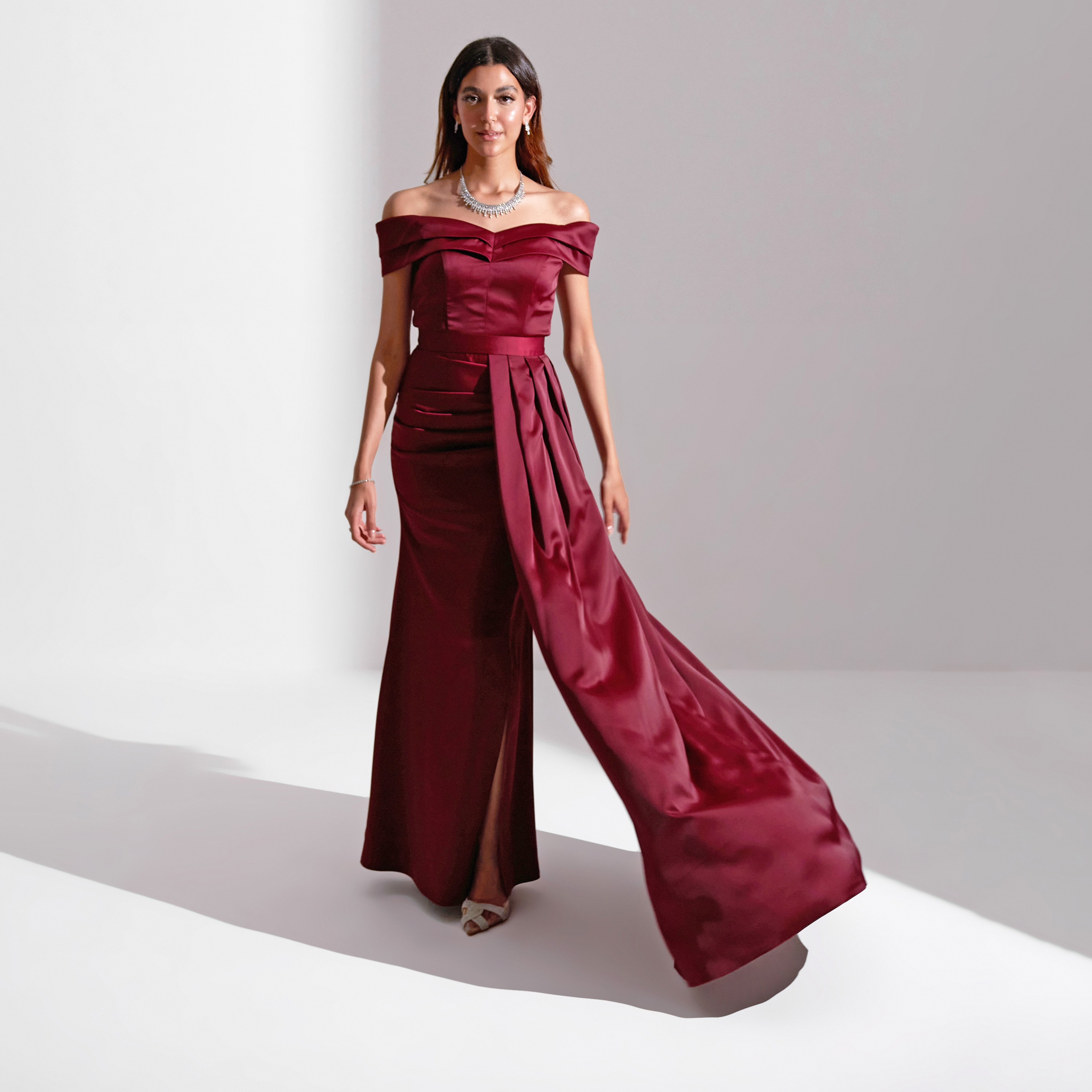 Akadia Off Shoulder Draped Detachable Skirt Satin Evening Women's Maxi Dress-women-clothing-dresses-image-4