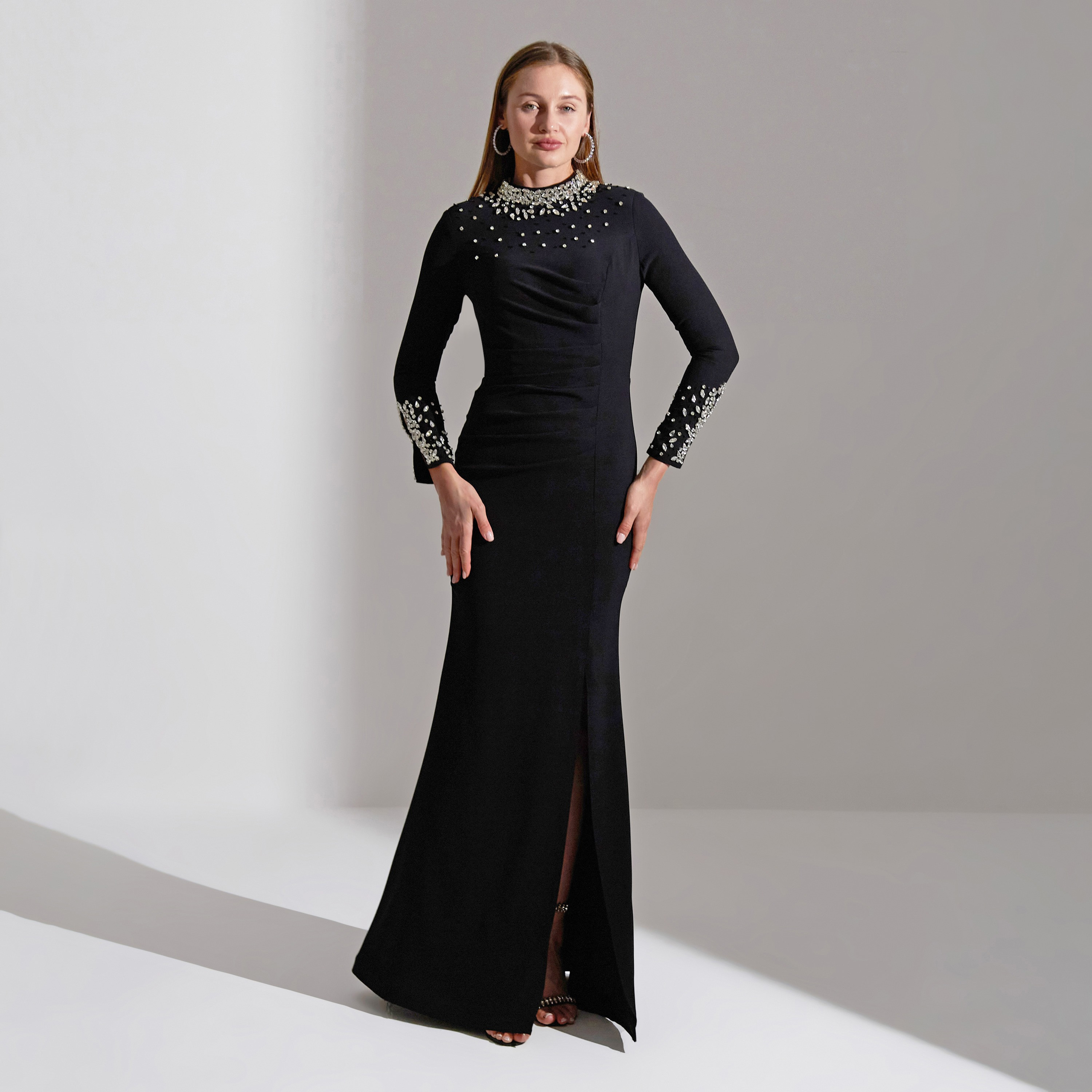 Akadia Scattered Crystal Neck Crepe Evening Women's Maxi Dress-women-clothing-dresses-image-6