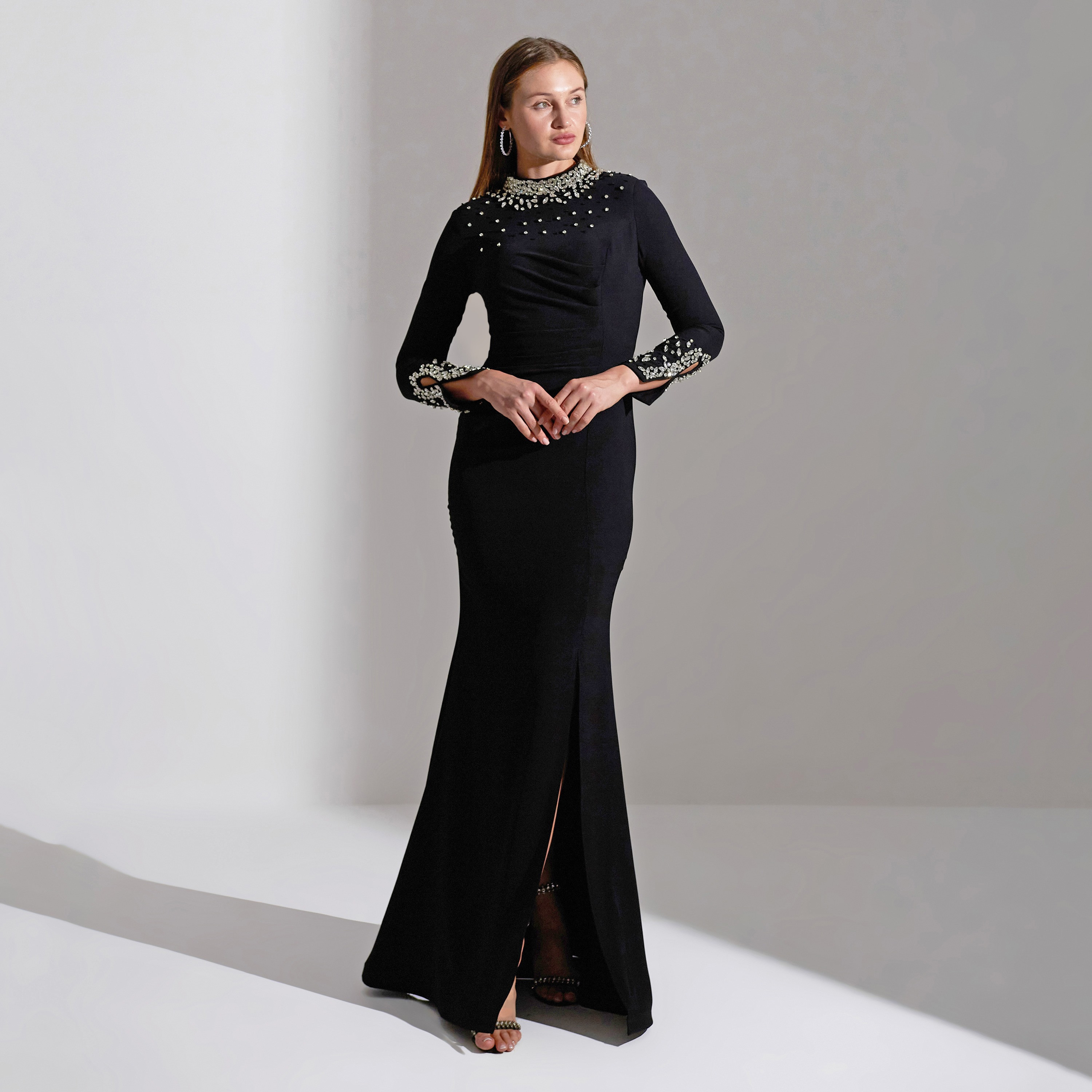 Akadia Scattered Crystal Neck Crepe Evening Women's Maxi Dress-women-clothing-dresses-image-7