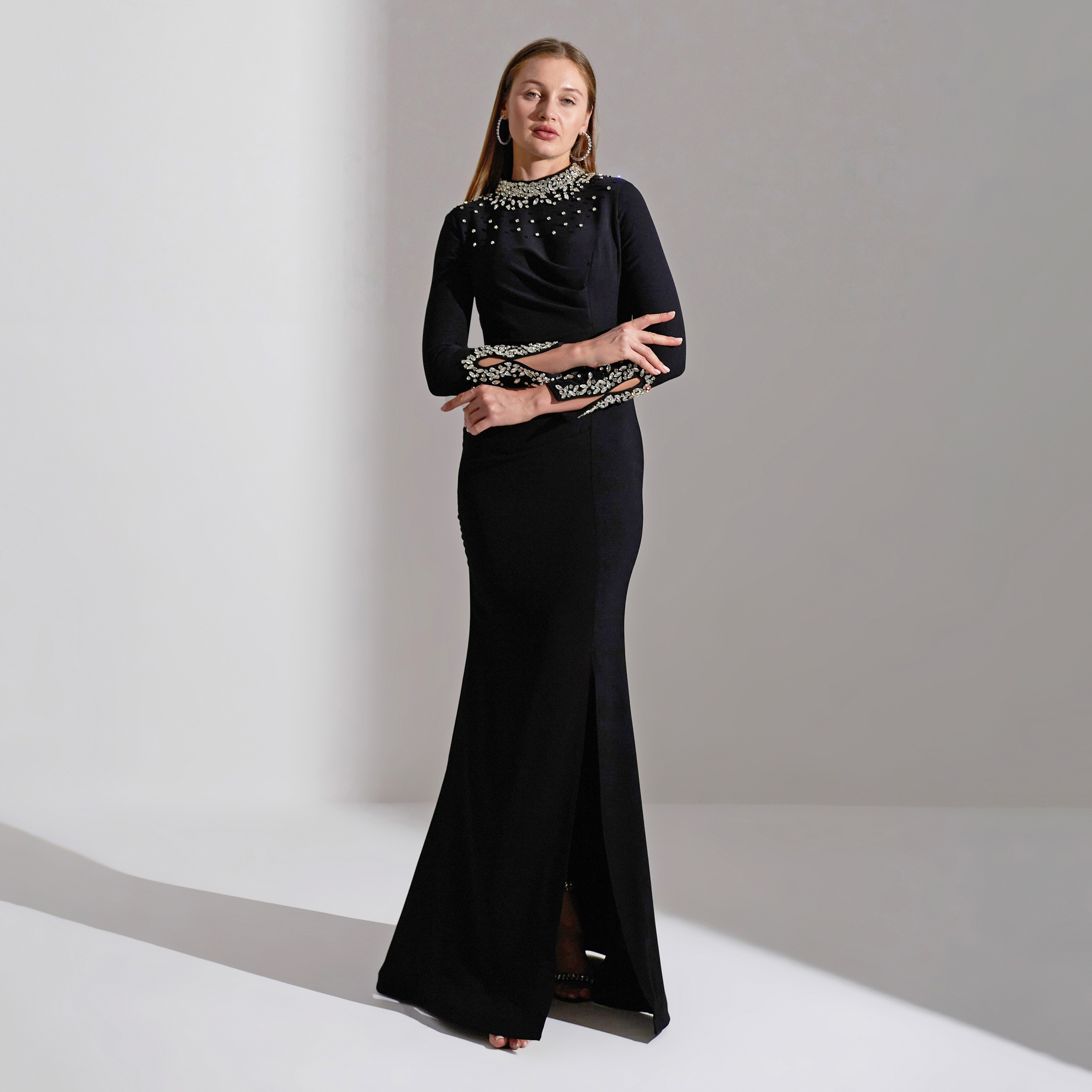 Akadia Scattered Crystal Neck Crepe Evening Women's Maxi Dress-women-clothing-dresses-image-9