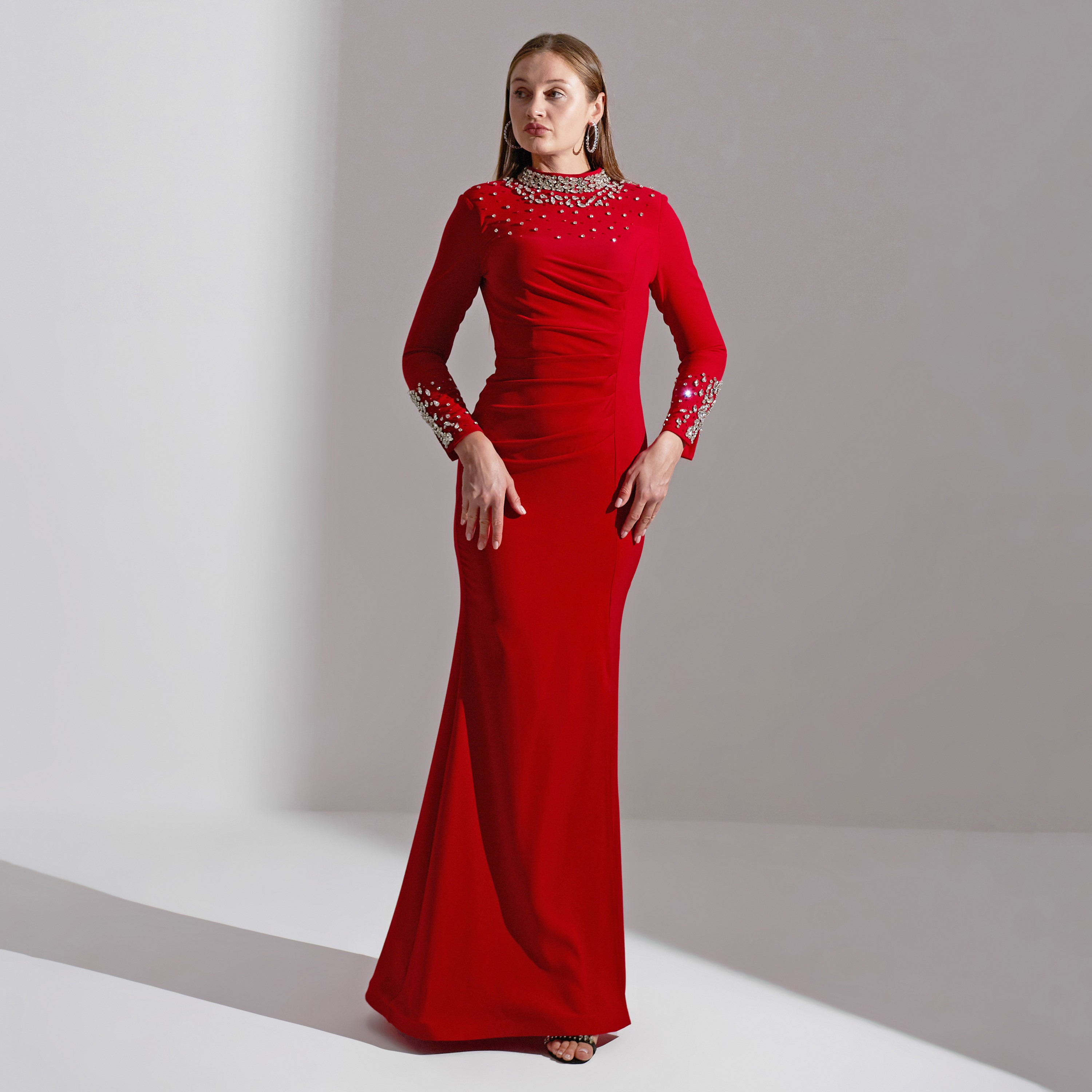 Akadia Scattered Crystal Neck Crepe Evening Women's Maxi Dress-women-clothing-dresses-image-1