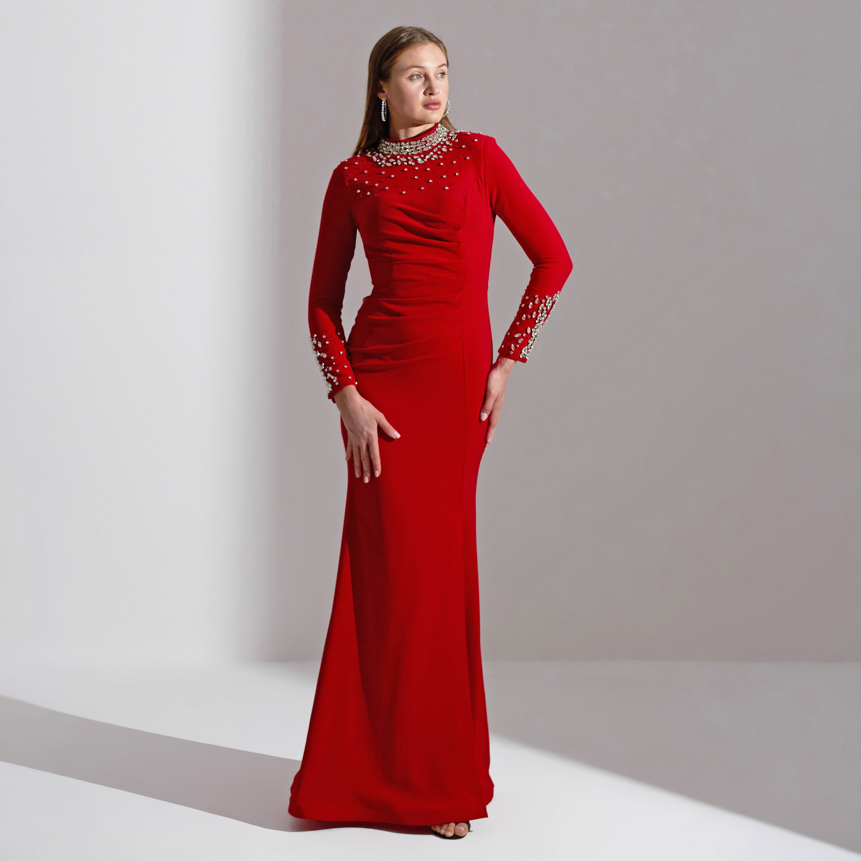 Akadia Scattered Crystal Neck Crepe Evening Women's Maxi Dress-women-clothing-dresses-image-2