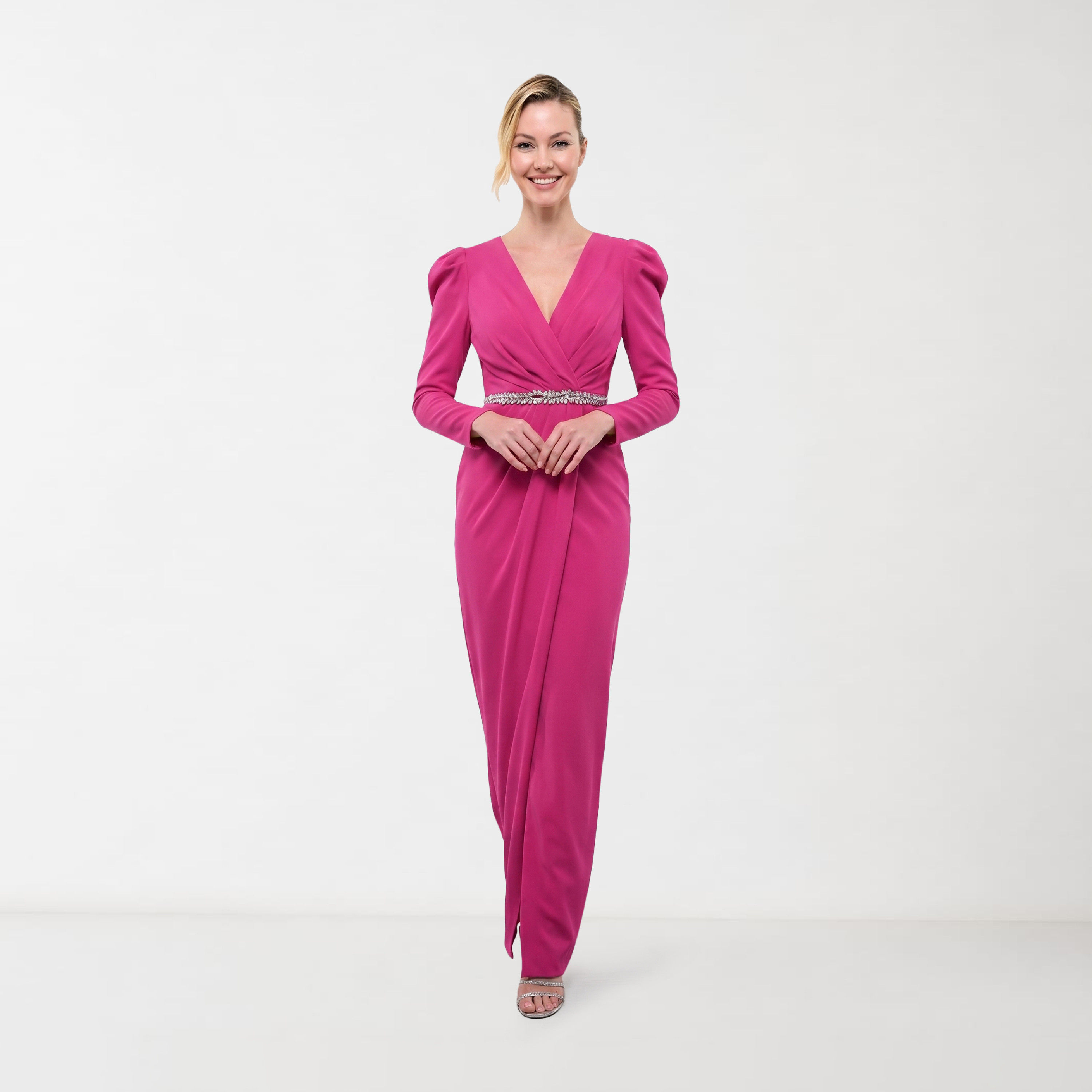Akadia Puff Sleeves Crystal Embellished Waist Crepe Wrap Women's Maxi Dress-women-clothing-dresses-image-4