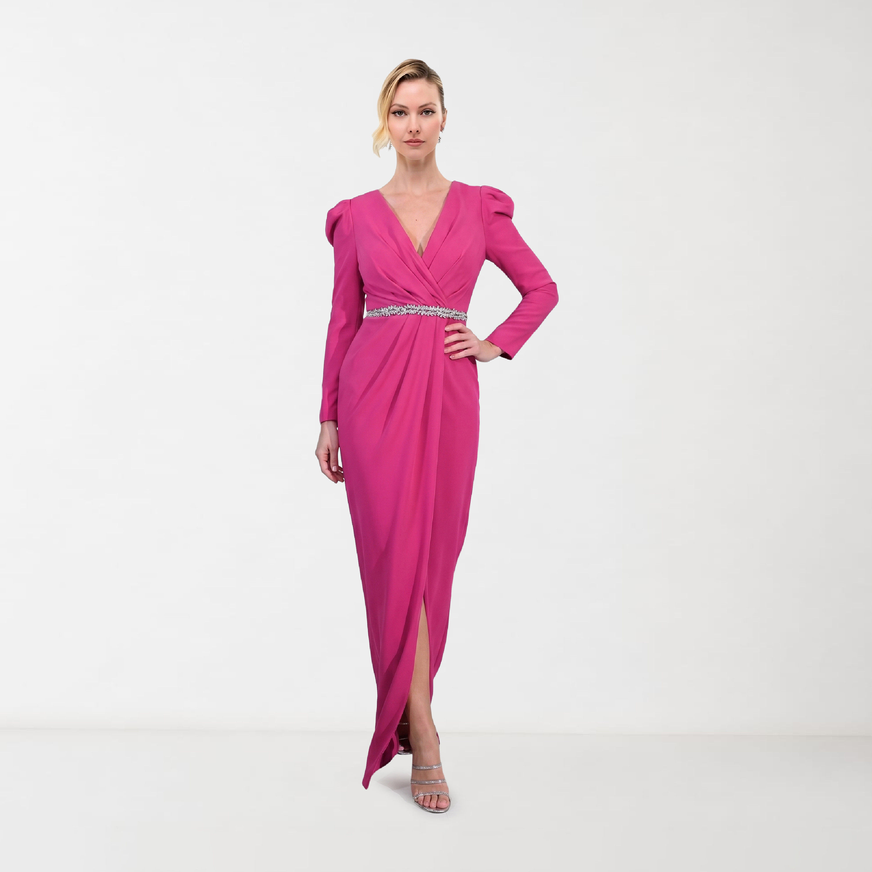 Akadia Puff Sleeves Crystal Embellished Waist Crepe Wrap Women's Maxi Dress-women-clothing-dresses-image-5