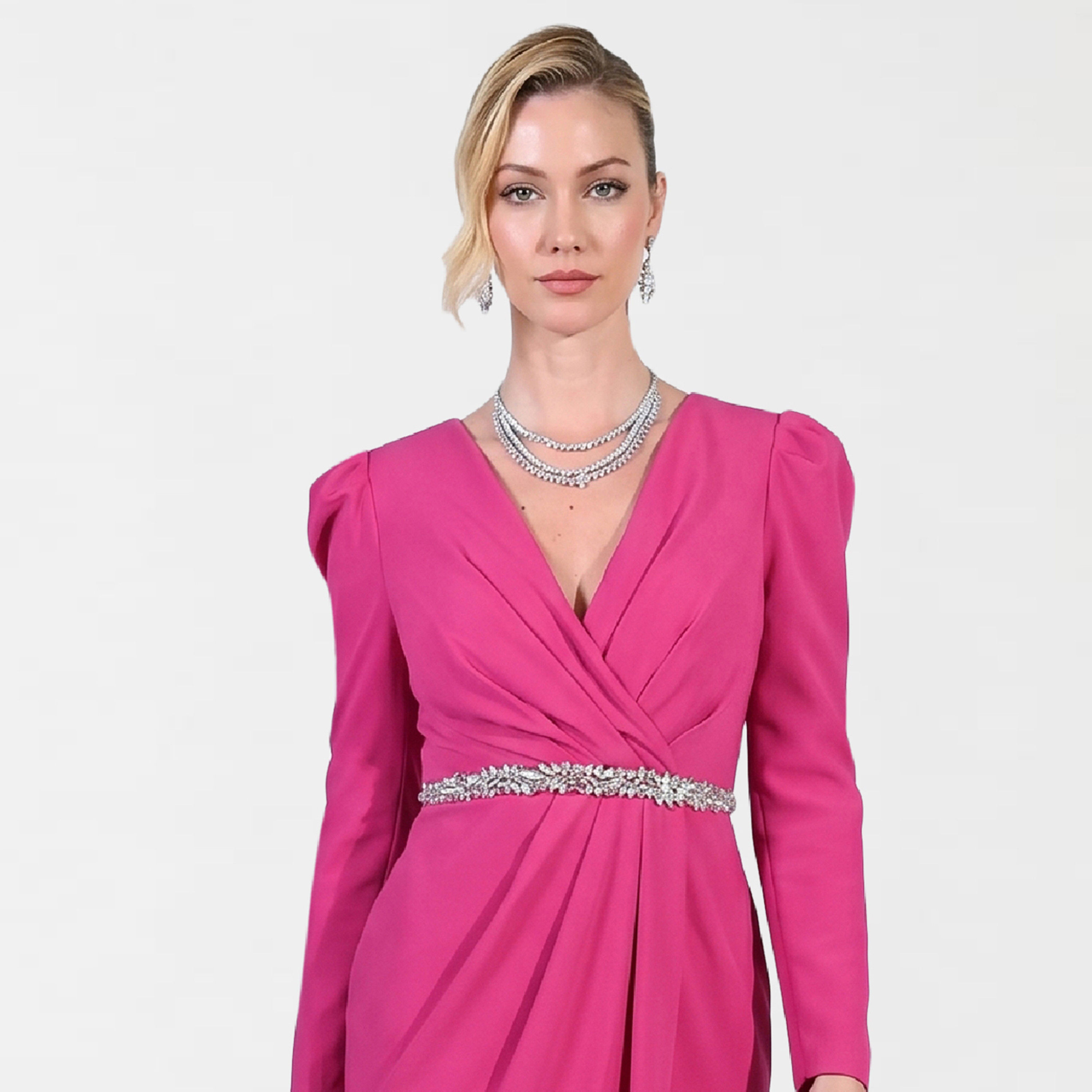 Akadia Puff Sleeves Crystal Embellished Waist Crepe Wrap Women's Maxi Dress-women-clothing-dresses-image-6