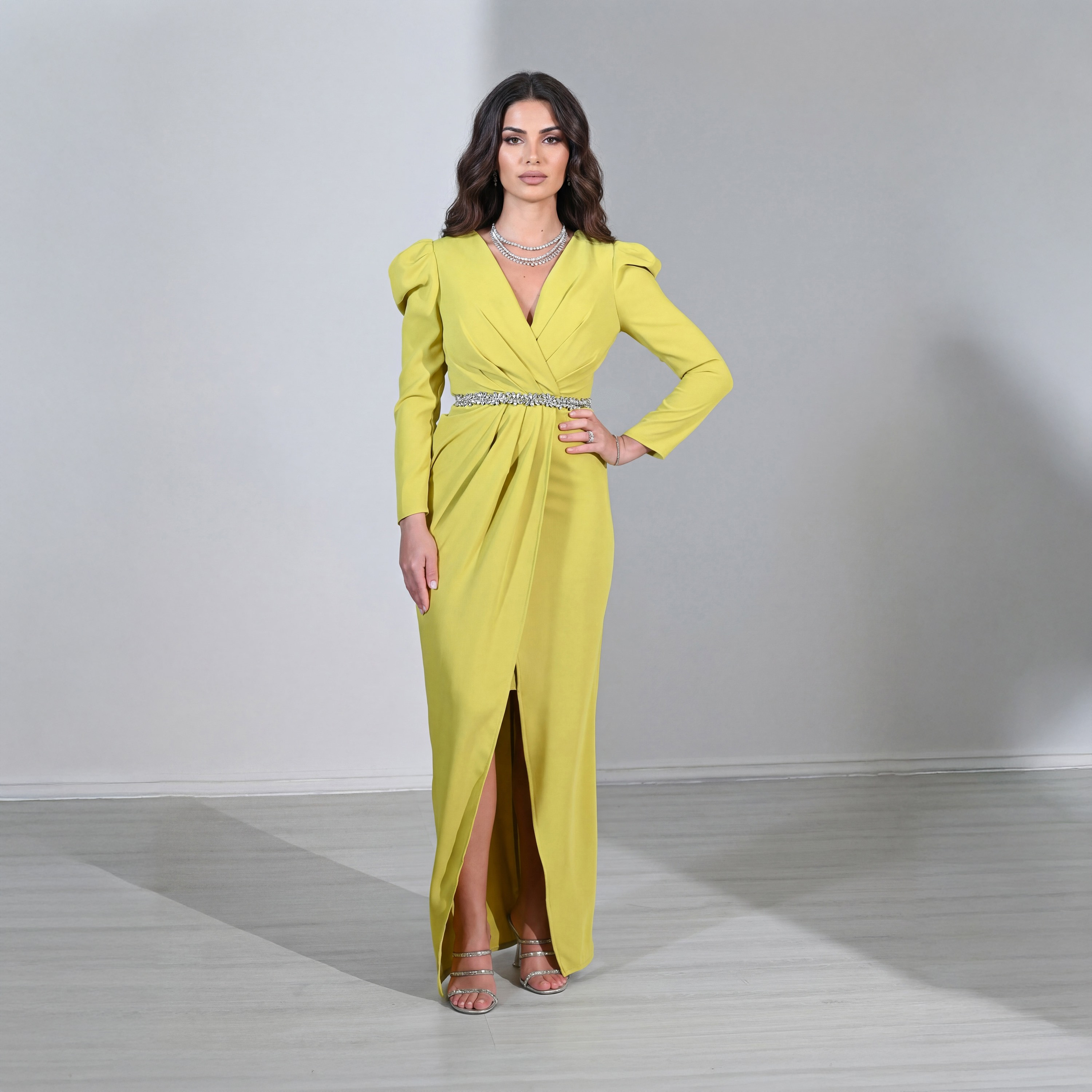 Akadia Puff Sleeves Crystal Embellished Waist Crepe Wrap Women's Maxi Dress-women-clothing-dresses-image-1