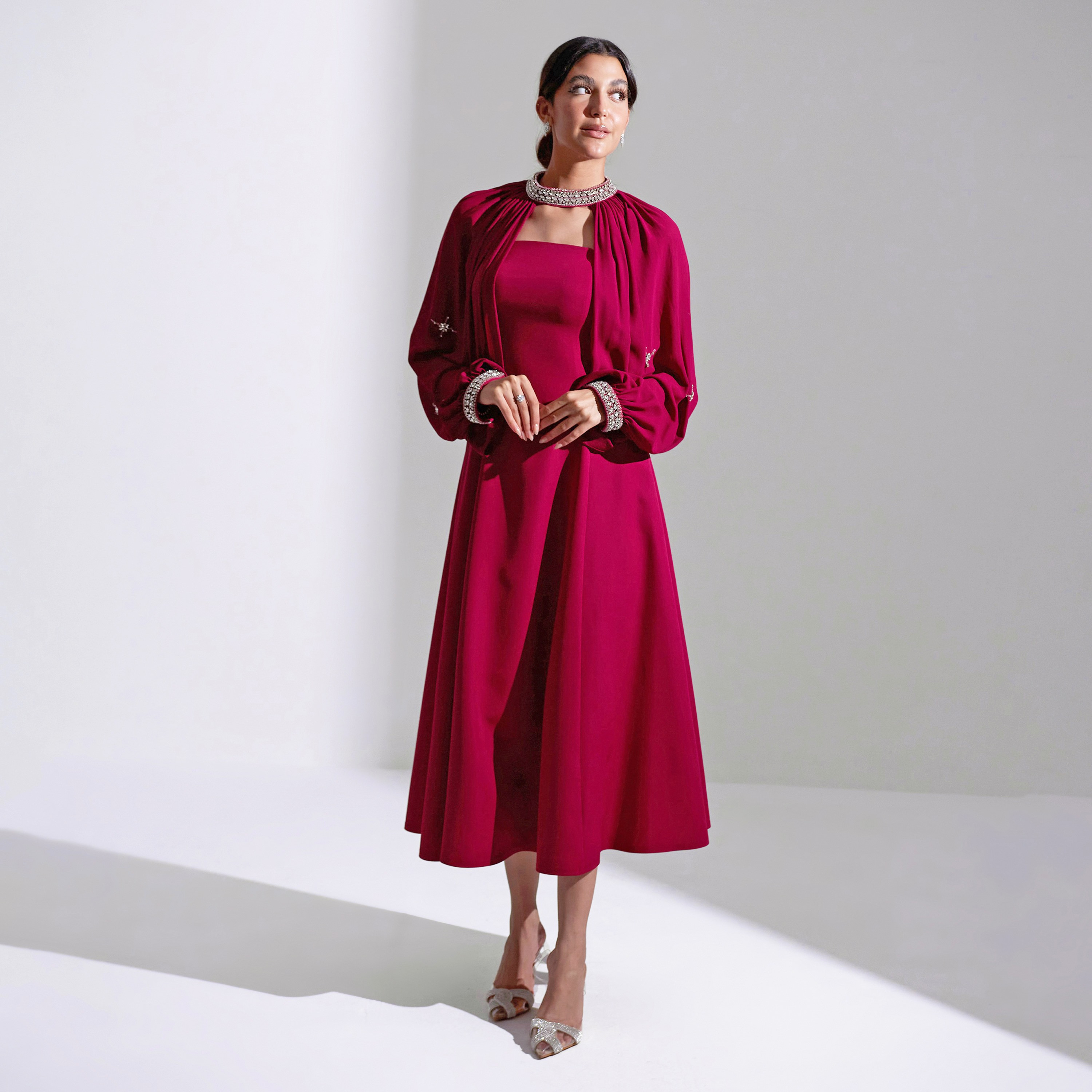 فستان سهرة نسائي مزين متوسط الطول من الشيفون بدون حمالات من أكاديا-women-clothing-dresses-image-4
