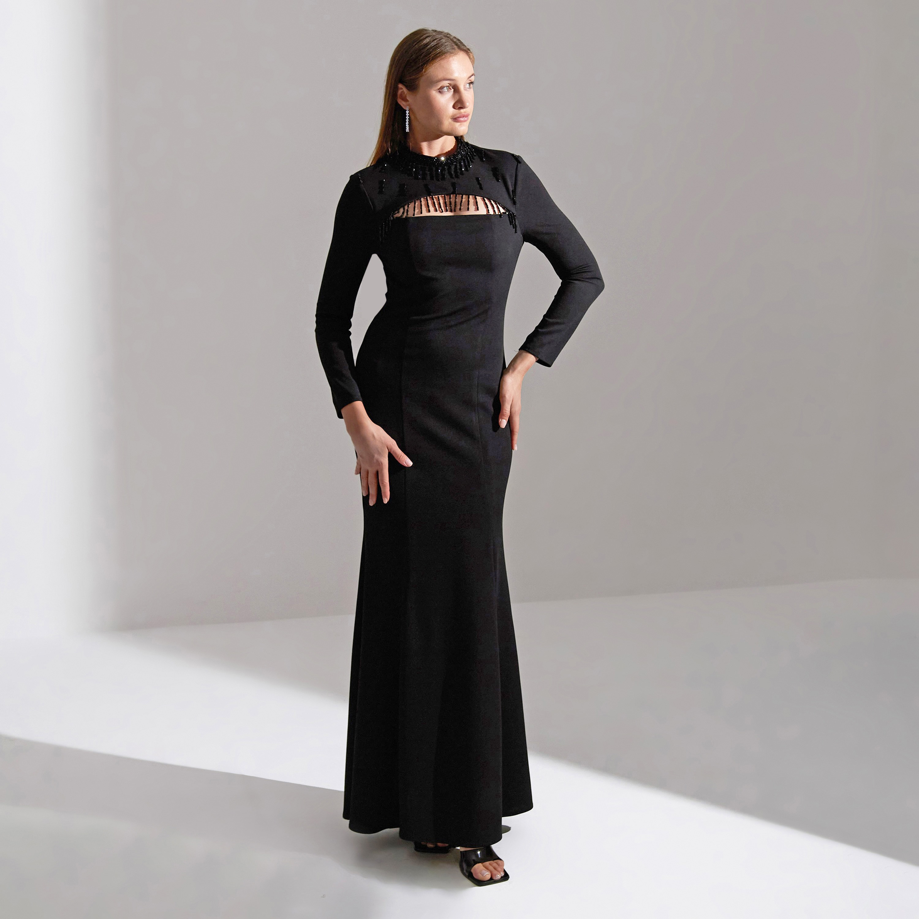 Akadia Open Bust Fringe Detail Crepe Evening Women's Maxi Dress-women-clothing-dresses-image-1