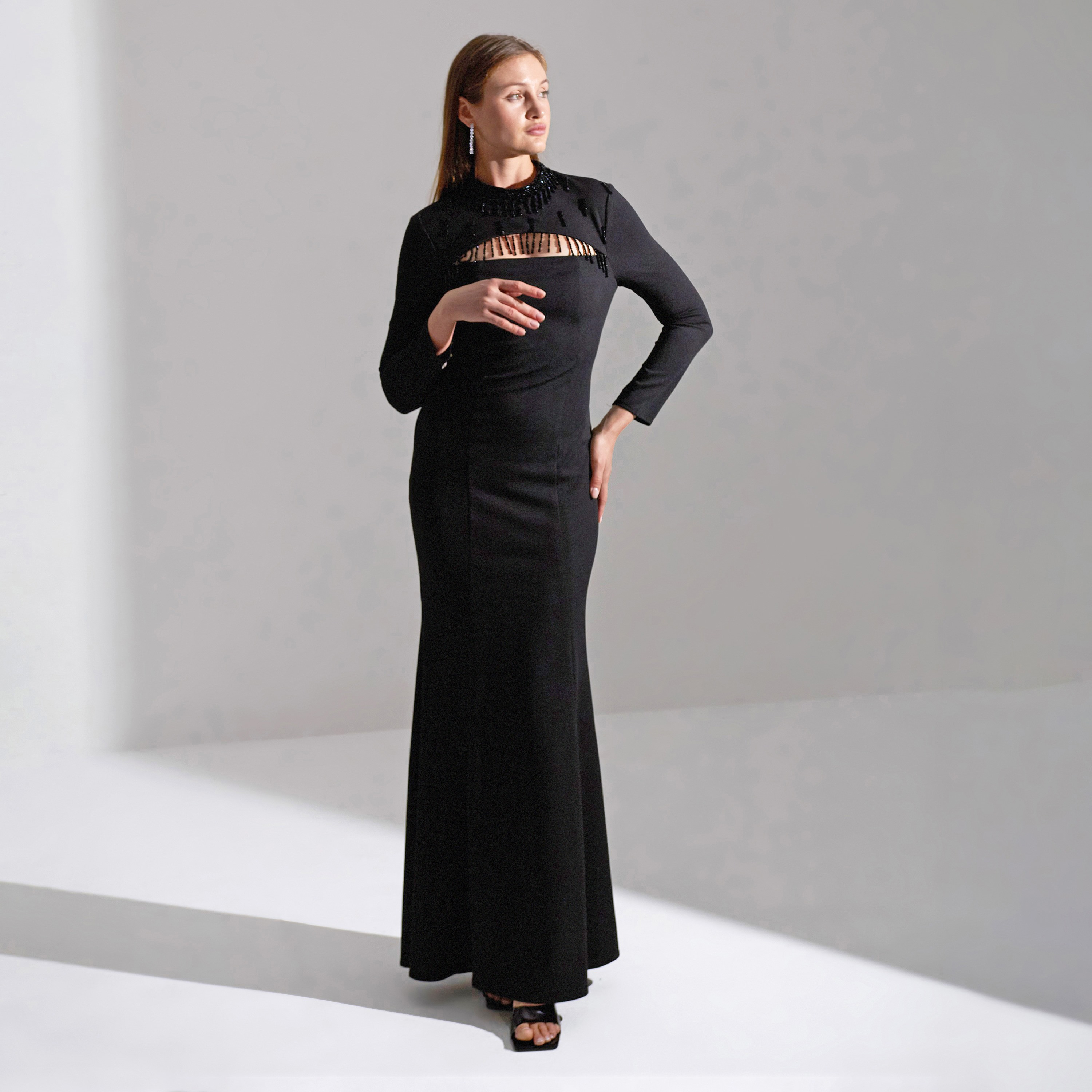 Akadia Open Bust Fringe Detail Crepe Evening Women's Maxi Dress-women-clothing-dresses-image-2