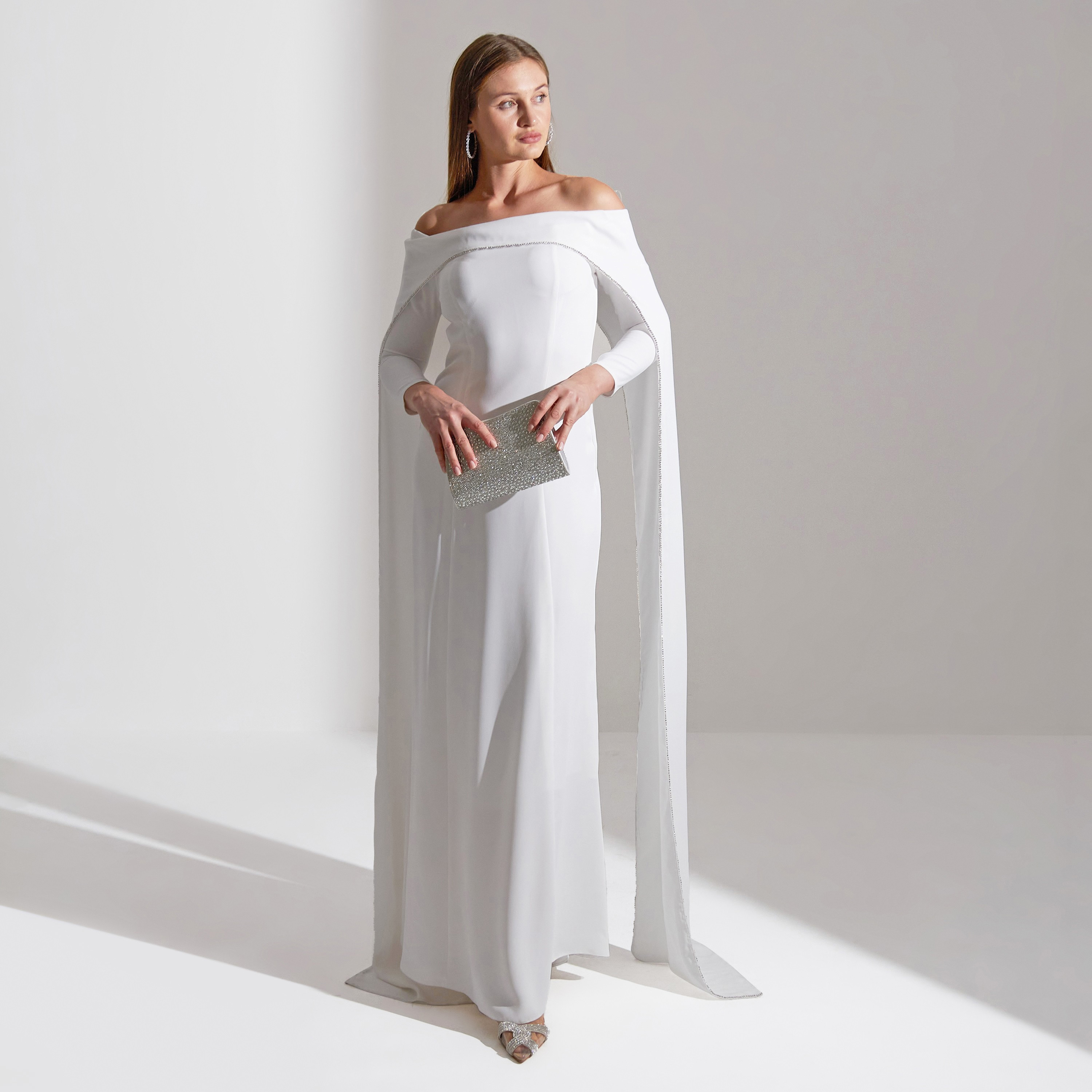 Akadia Off Shoulder Neck Float Sleeves Crepe Evening Women's Maxi Dress-women-clothing-dresses-image-1