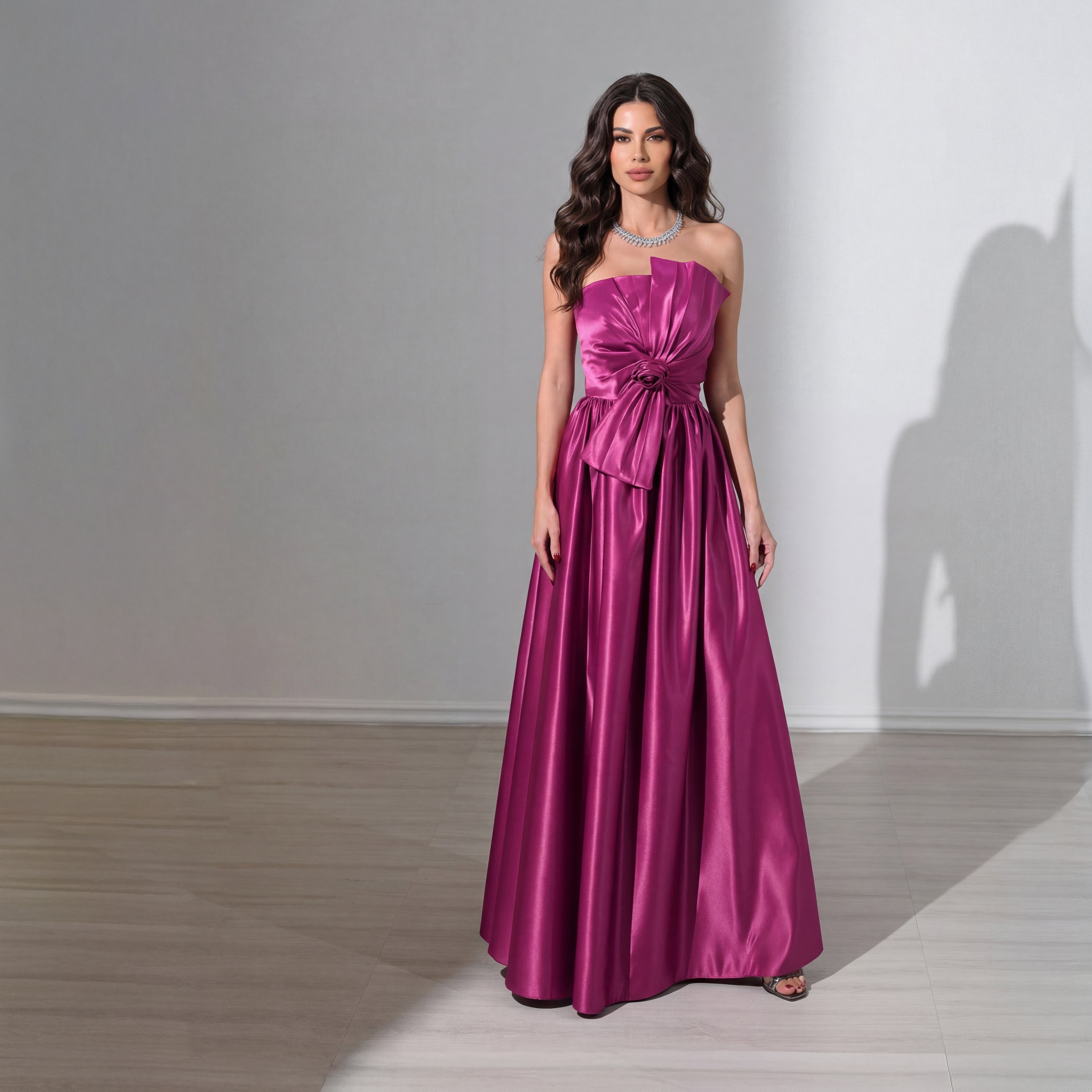 Akadia 3D Rose Satin Strapless Bandeau Women's Evening Maxi Dress-women-clothing-dresses-image-1