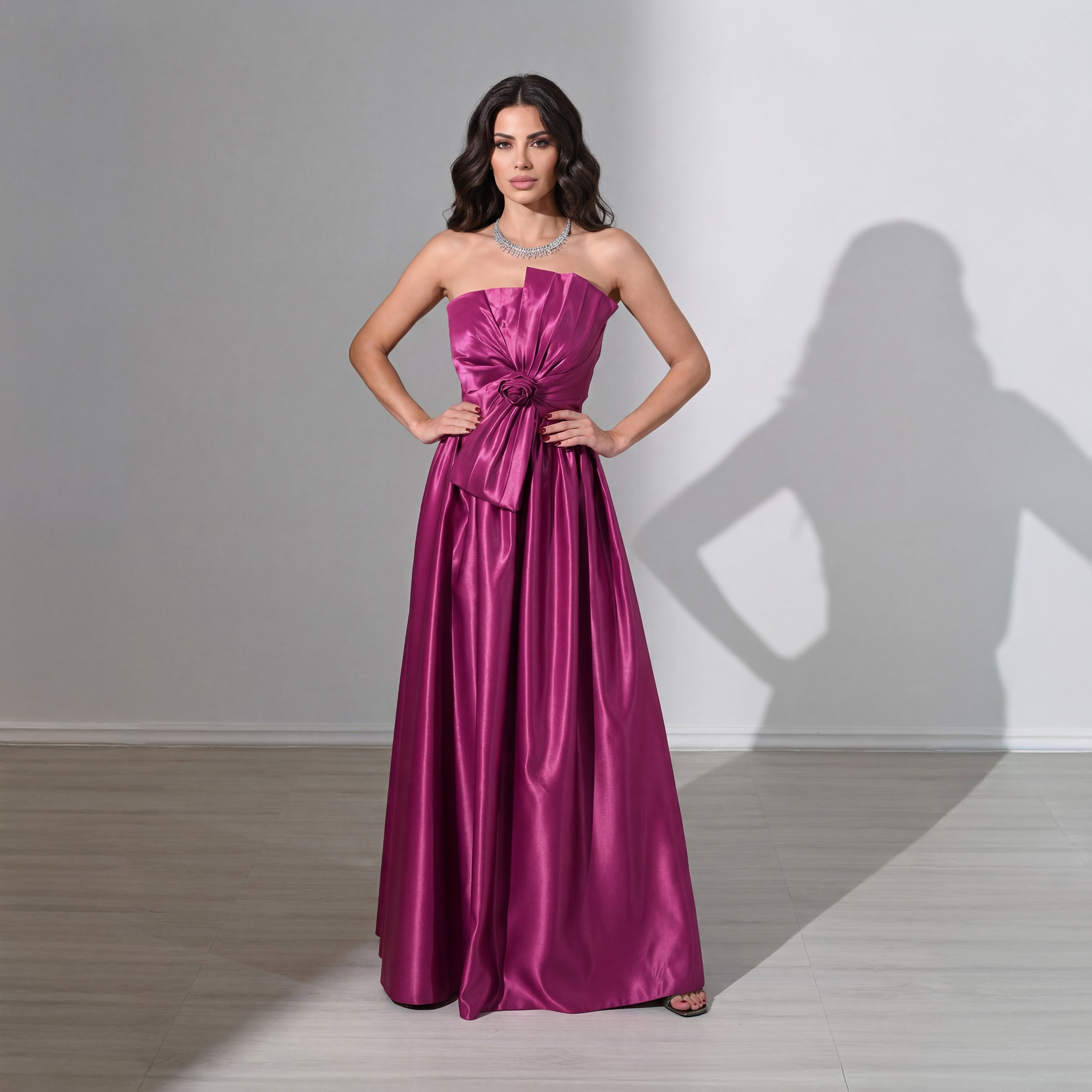 فستان سهرة ماكسي نسائي "باندو" بدون حمالات من الساتان مزين بوردة ثلاثية الأبعاد من أكاديا-women-clothing-dresses-image-9