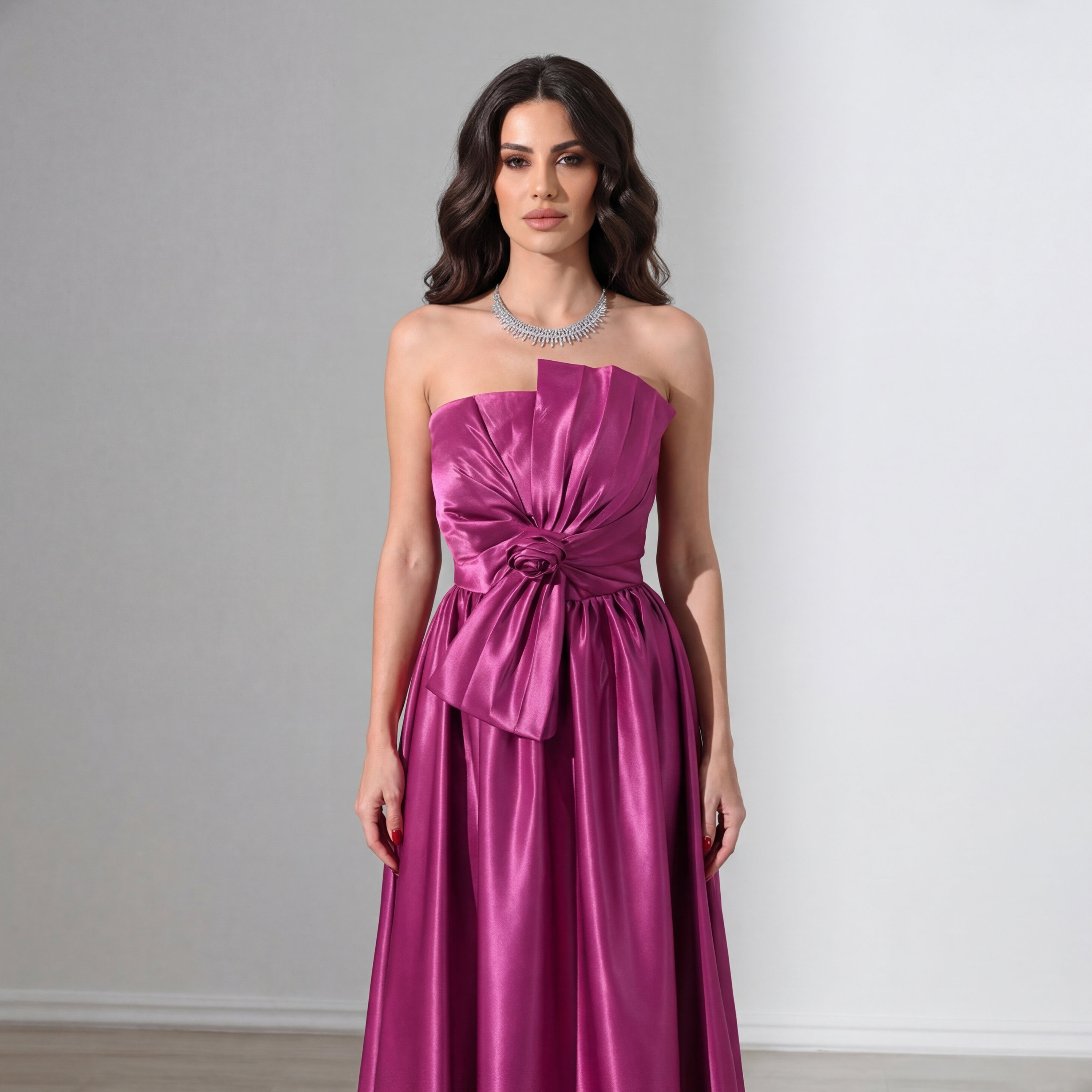 Akadia 3D Rose Satin Strapless Bandeau Women's Evening Maxi Dress-women-clothing-dresses-image-3