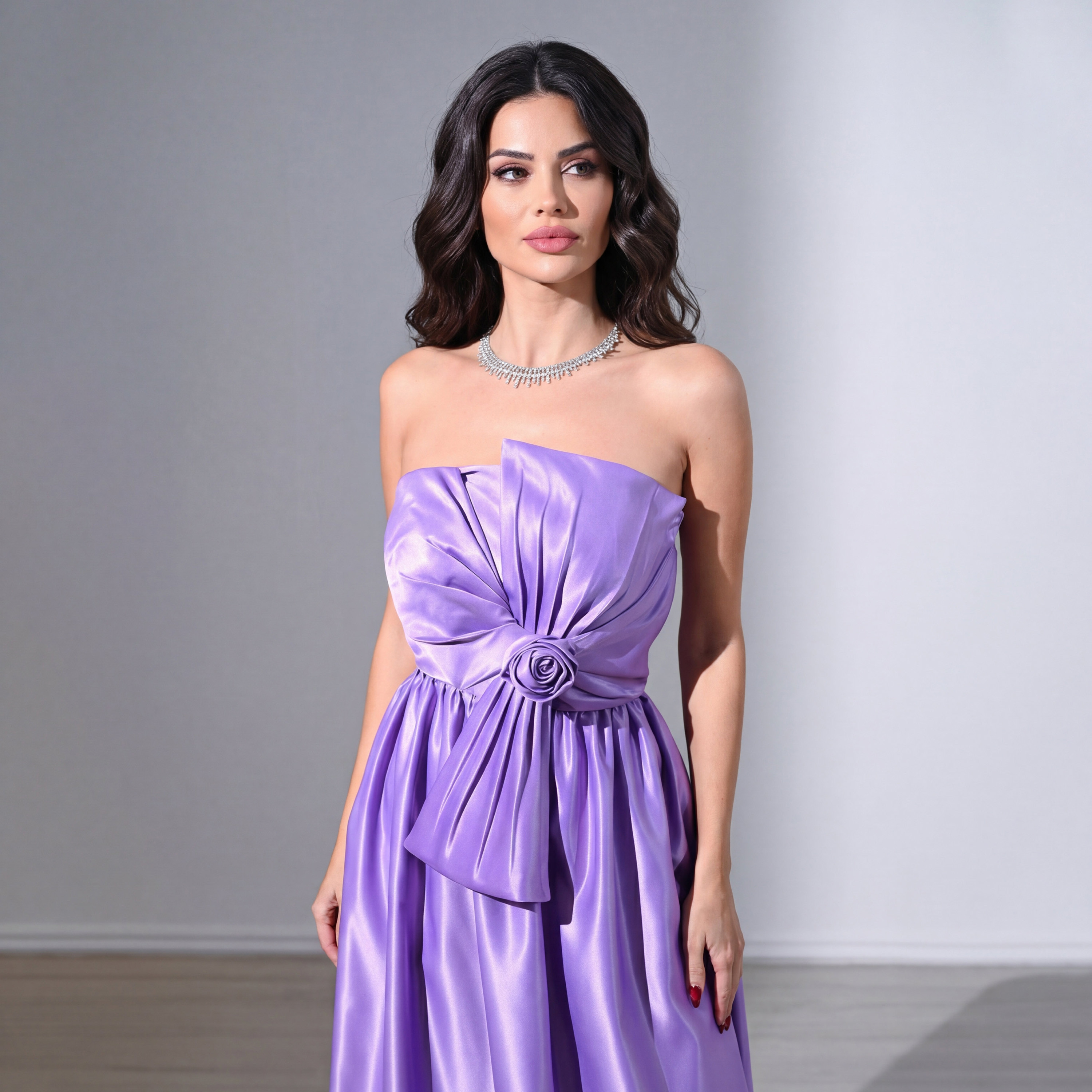 فستان سهرة ماكسي نسائي "باندو" بدون حمالات من الساتان مزين بوردة ثلاثية الأبعاد من أكاديا-women-clothing-dresses-image-6