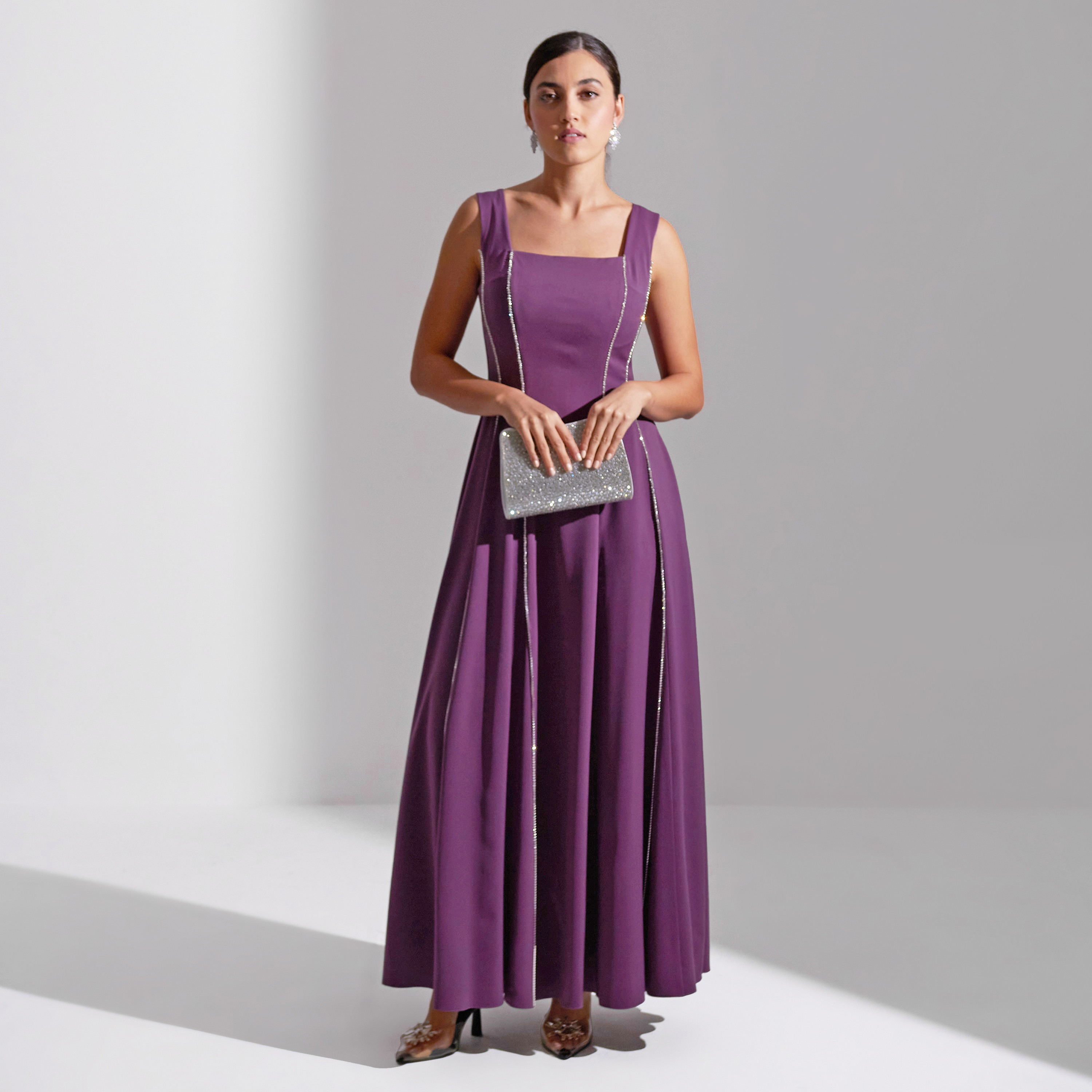 Akadia Square Neck Panel Detail Crepe Evening Women's Maxi Dress-women-clothing-dresses-image-1