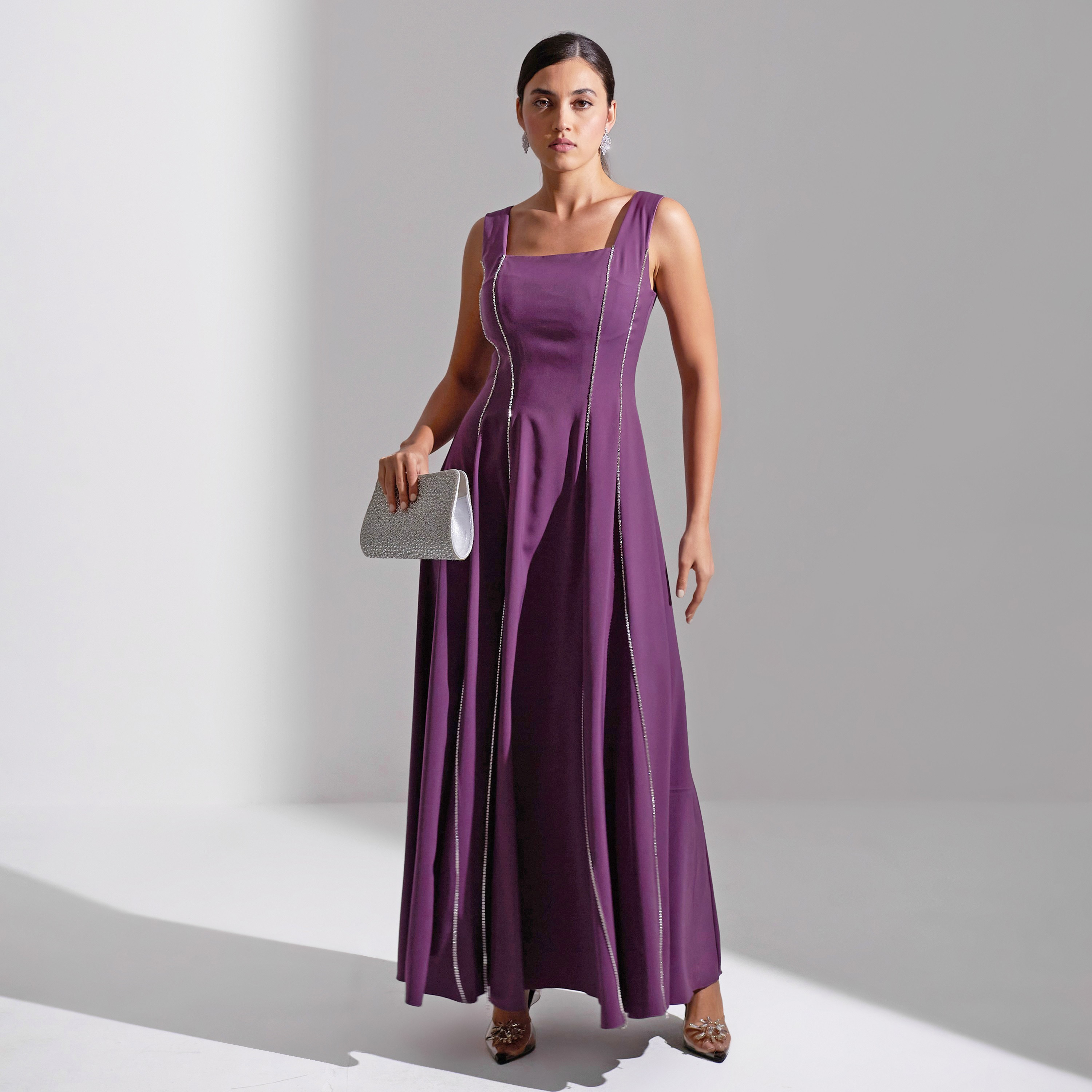 Akadia Square Neck Panel Detail Crepe Evening Women's Maxi Dress-women-clothing-dresses-image-2