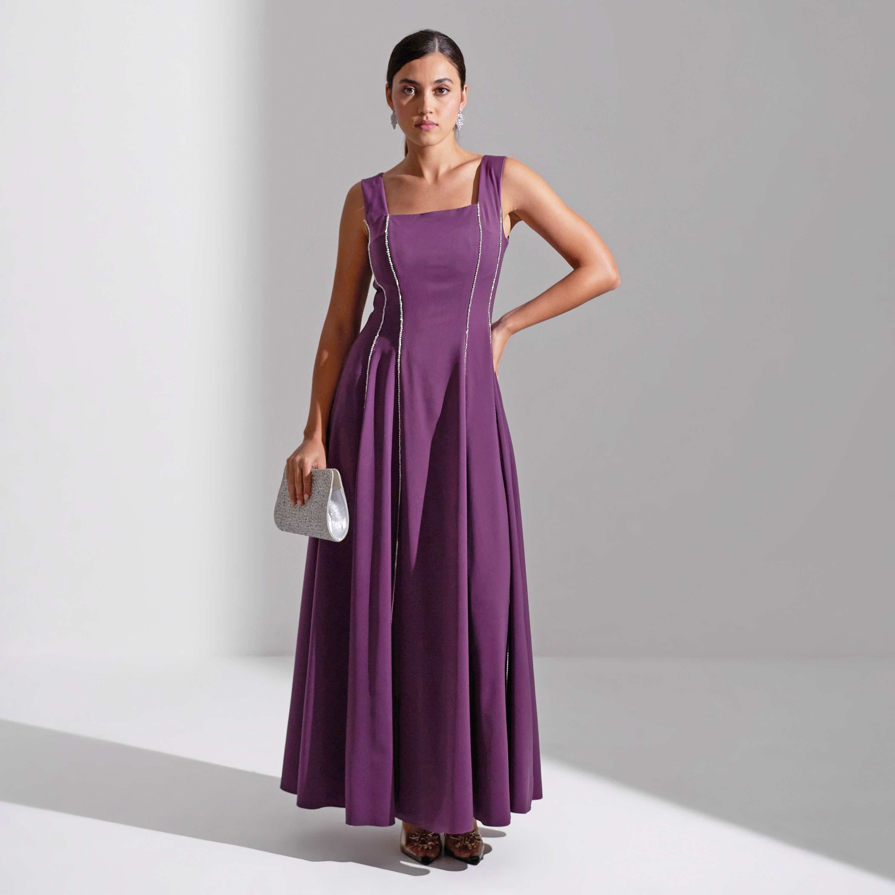 Akadia Square Neck Panel Detail Crepe Evening Women's Maxi Dress-women-clothing-dresses-image-4