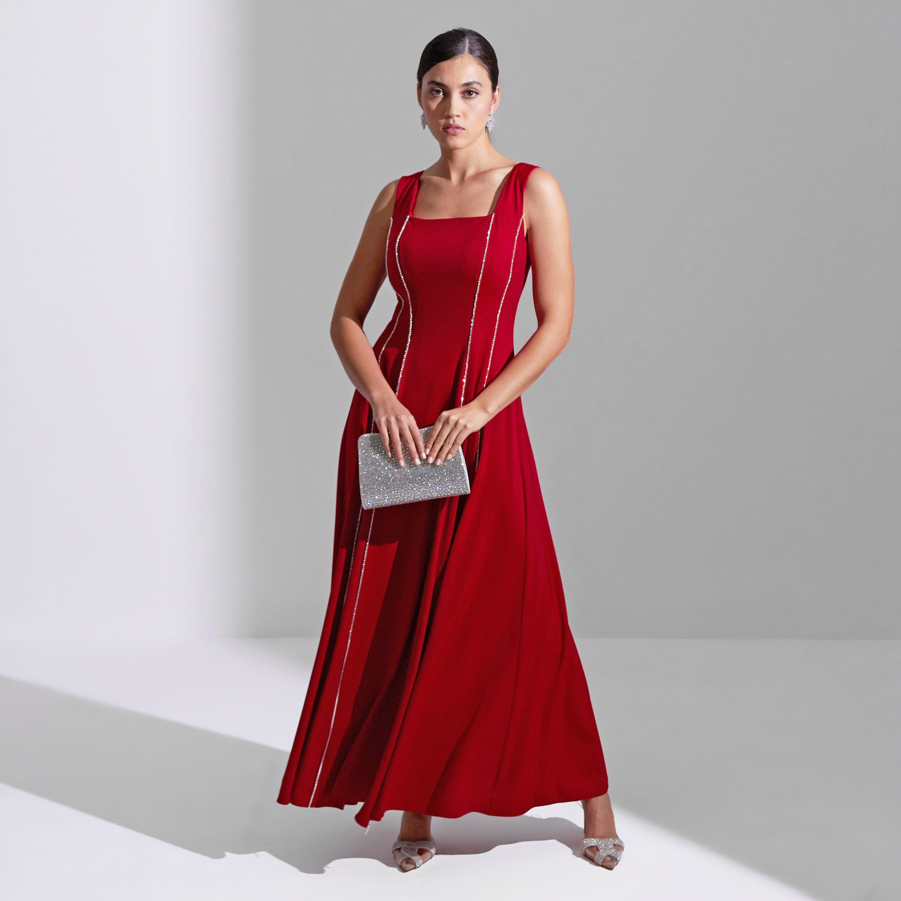 فستان سهرة ماكسي نسائي من الكريب بتفاصيل لوحة رقبة مربعة من أكاديا-women-clothing-dresses-image-1