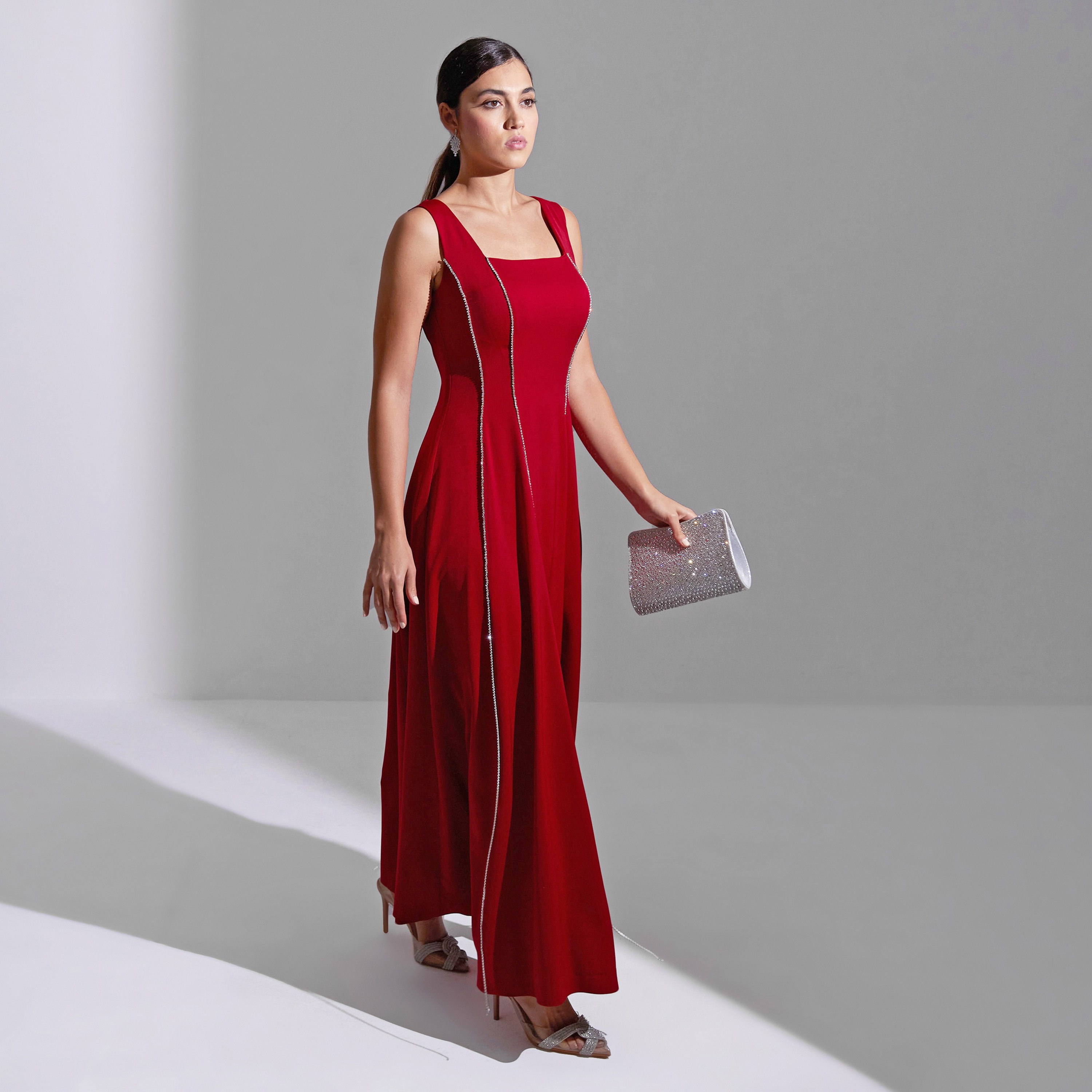 فستان سهرة ماكسي نسائي من الكريب بتفاصيل لوحة رقبة مربعة من أكاديا-women-clothing-dresses-image-2