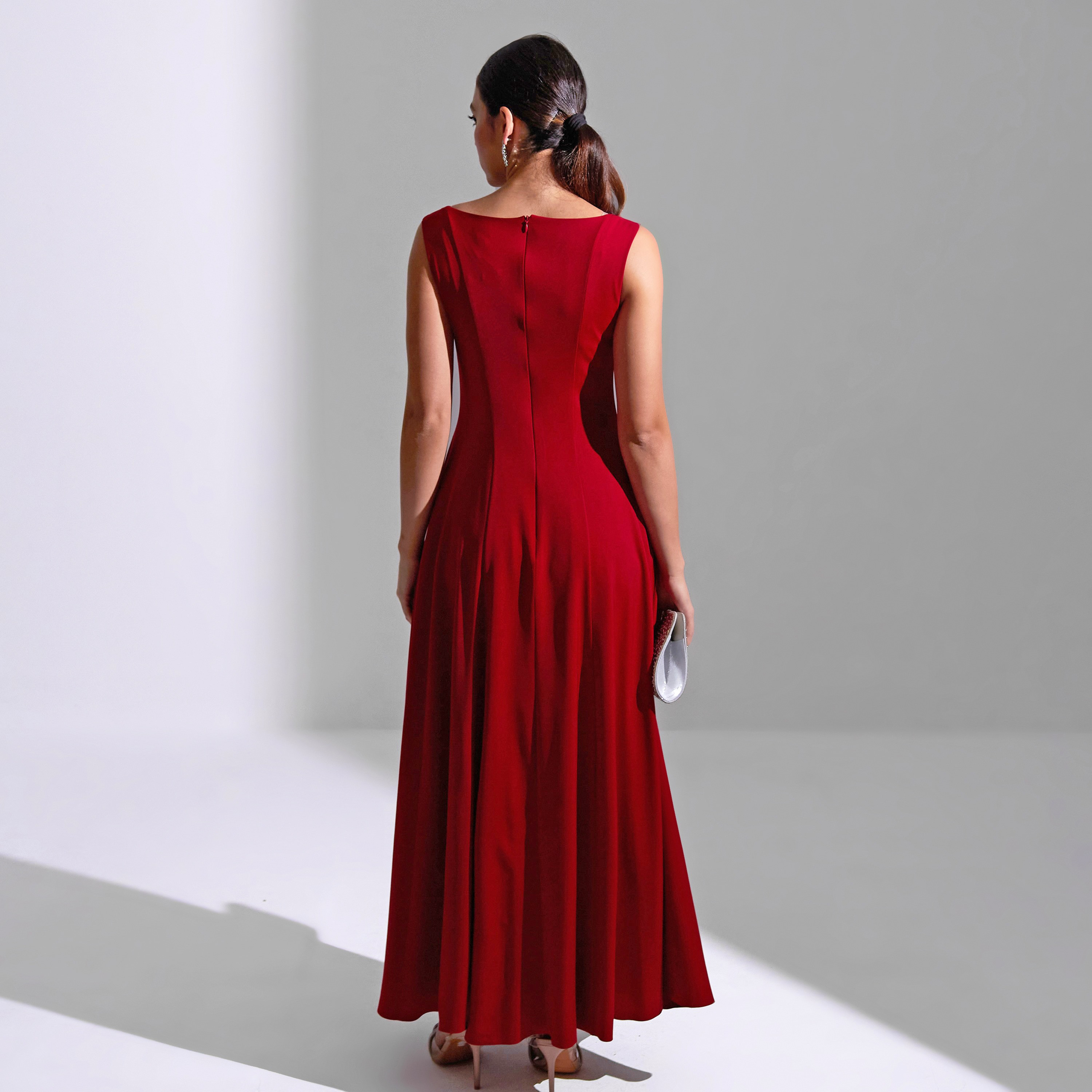 فستان سهرة ماكسي نسائي من الكريب بتفاصيل لوحة رقبة مربعة من أكاديا-women-clothing-dresses-image-3