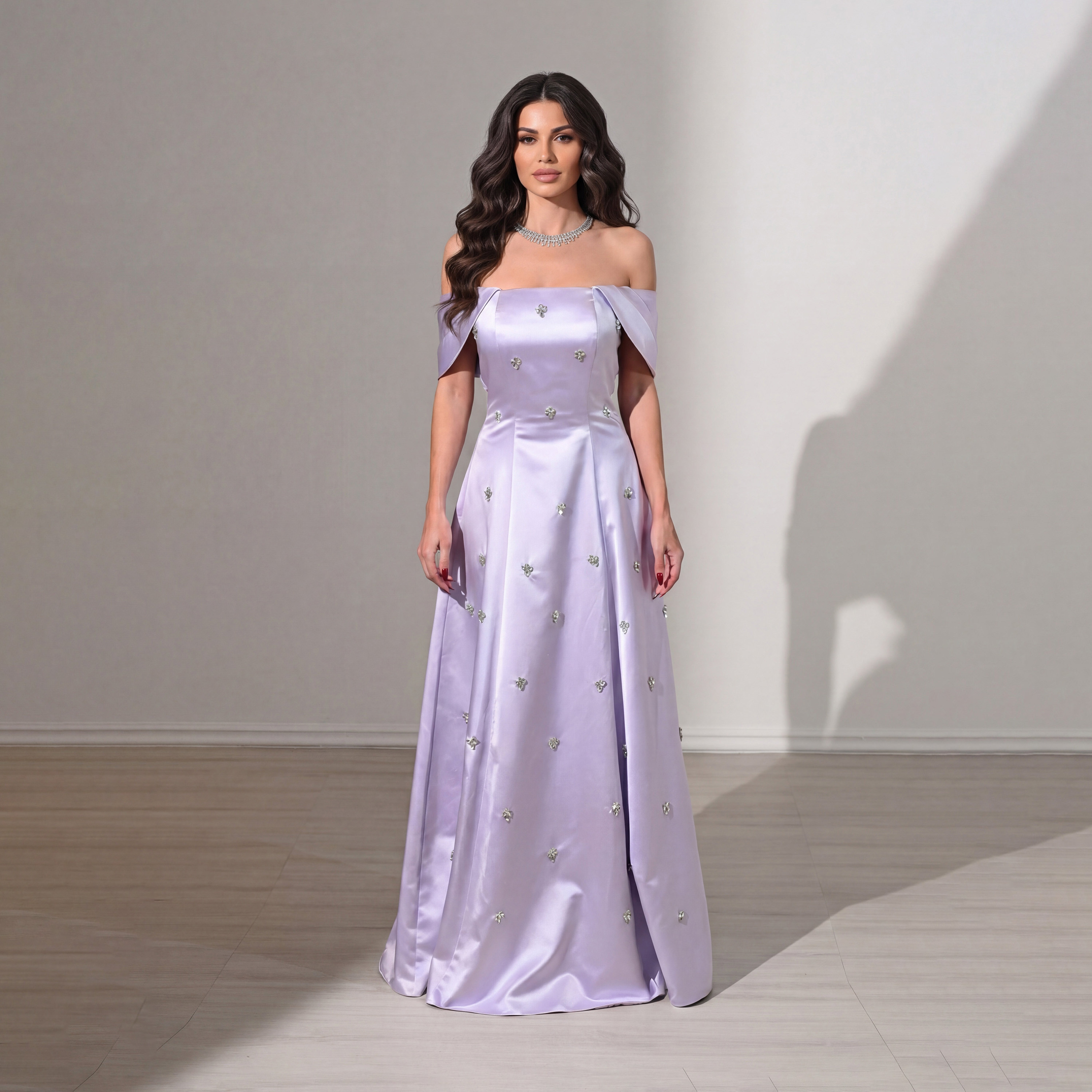 Akadia Crystal Work Satin Off-Shoulder Fit & Flared Evening Women's Maxi Dress-women-clothing-dresses-image-1