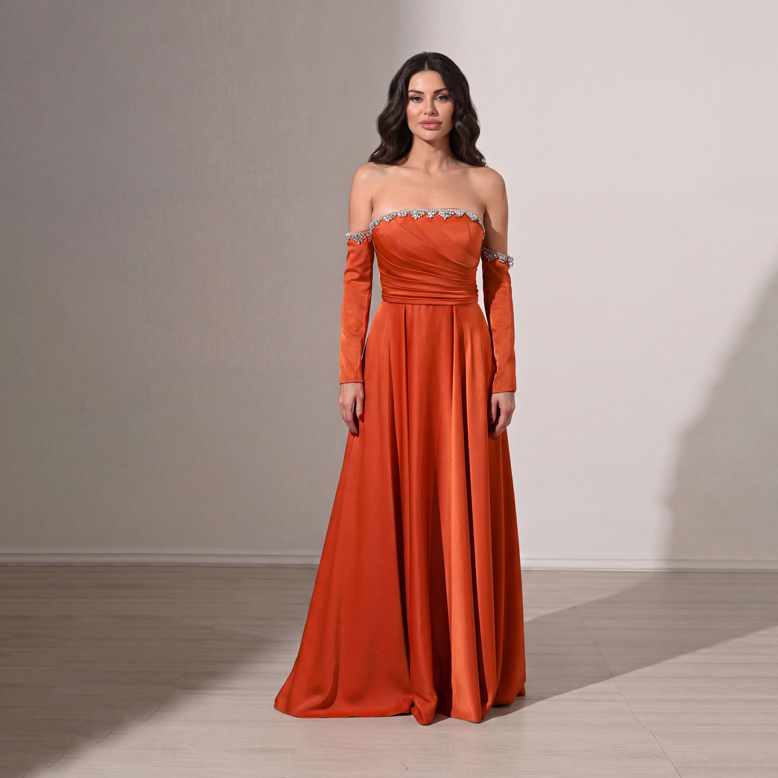 Akadia Pleated Bust Satin Strapless Free Sleeves Flared Evening Women's Maxi Dress-women-clothing-dresses-image-1