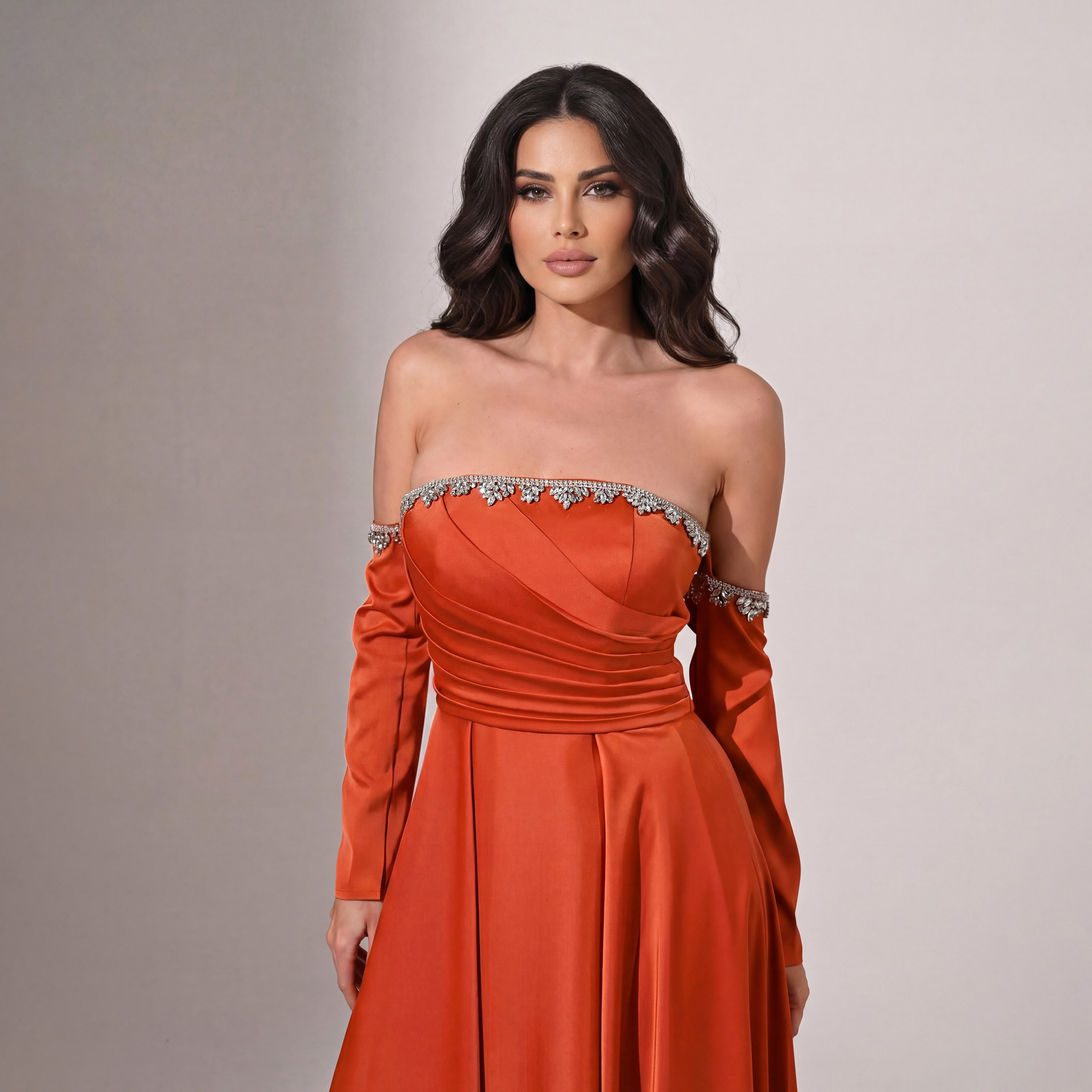 Akadia Pleated Bust Satin Strapless Free Sleeves Flared Evening Women's Maxi Dress-women-clothing-dresses-image-6