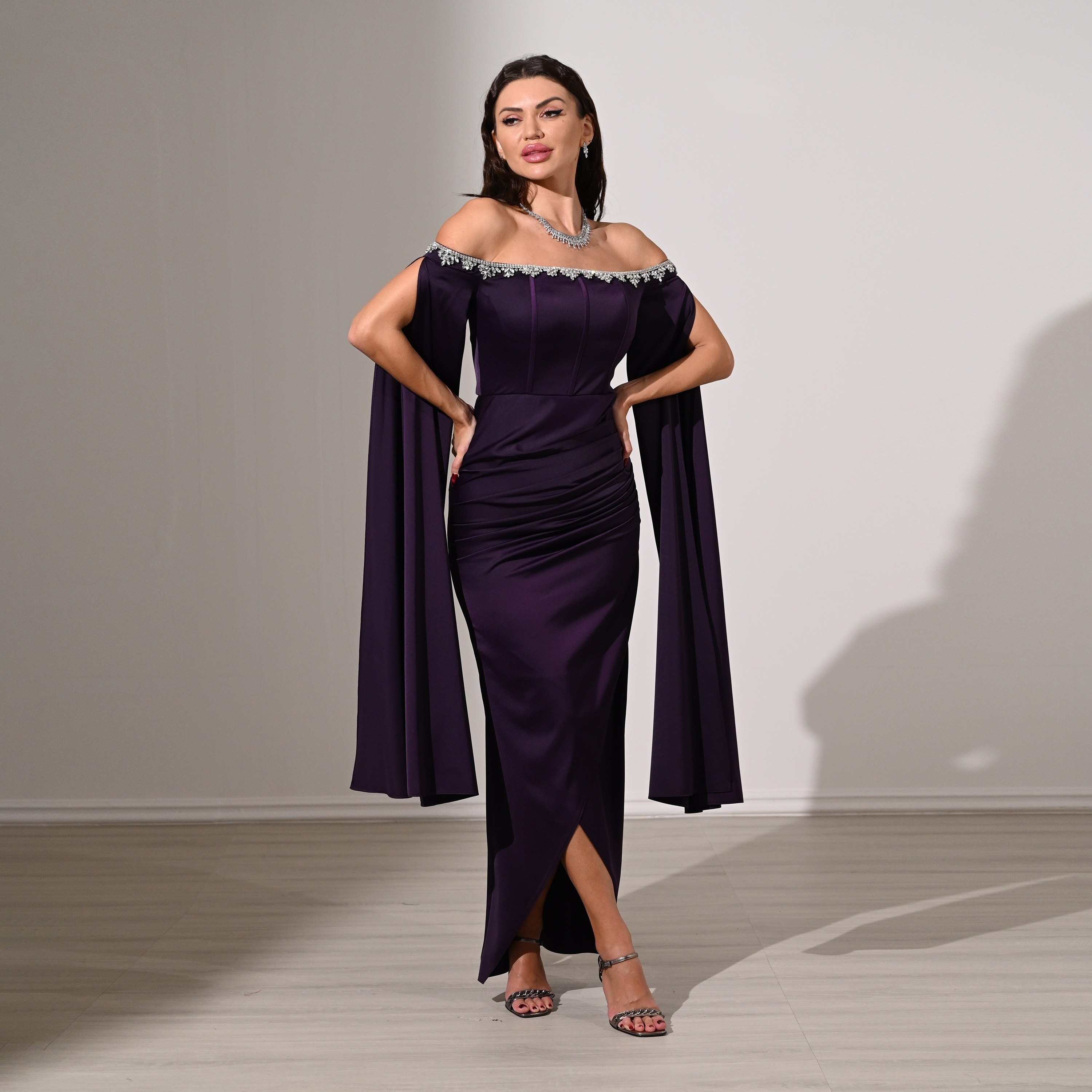 Akadia Draped & Crystal Detail Satin Off-Shoulder Cape Sleeves Tulip Evening Women's Maxi Dress-women-clothing-dresses-image-11